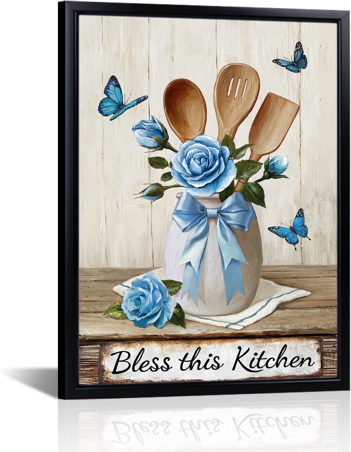Visual Art Decor Kitchen Framed Wall Art Rustic Farmhouse Dining Room Decor Picture Vintage Country Home Wall Decor, Framed 12x16inch (Blue)