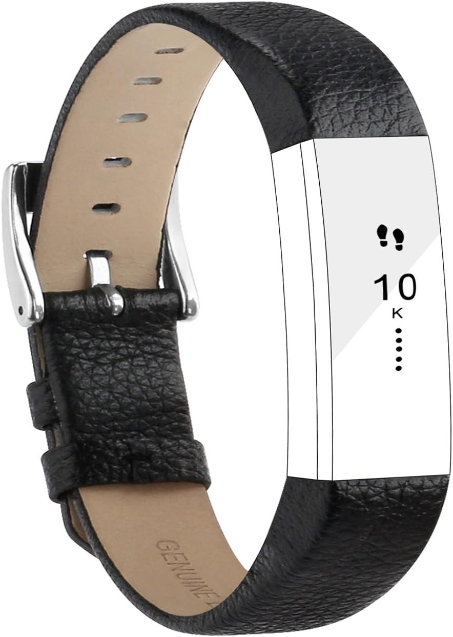 POY Replacement Bands Compatible for Fitbit Alta and Fitbit Alta HR, Genuine Leather Wristbands, Black