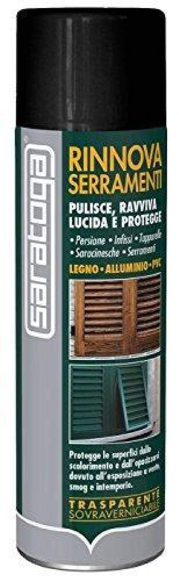 Saratoga Rinnova Serramenti Spray, Pulisce, Ravviva, Lucida e Protegge Legno, PVC e Alluminio, Formula Trasparente per Infissi e Finestre, Effetto Brillante e Protettivo, 500 ml
