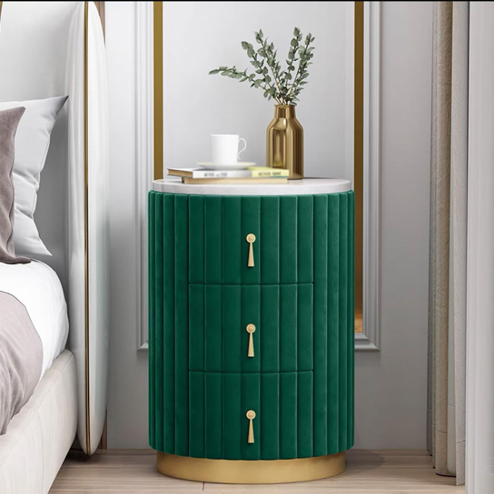 Modern Velvet Nightstand with Storage, Round Bedside Table with 3 Drawers, Marble Top Night Table for Bedroom, Upholstered End Tables for Living Room (1, Green)