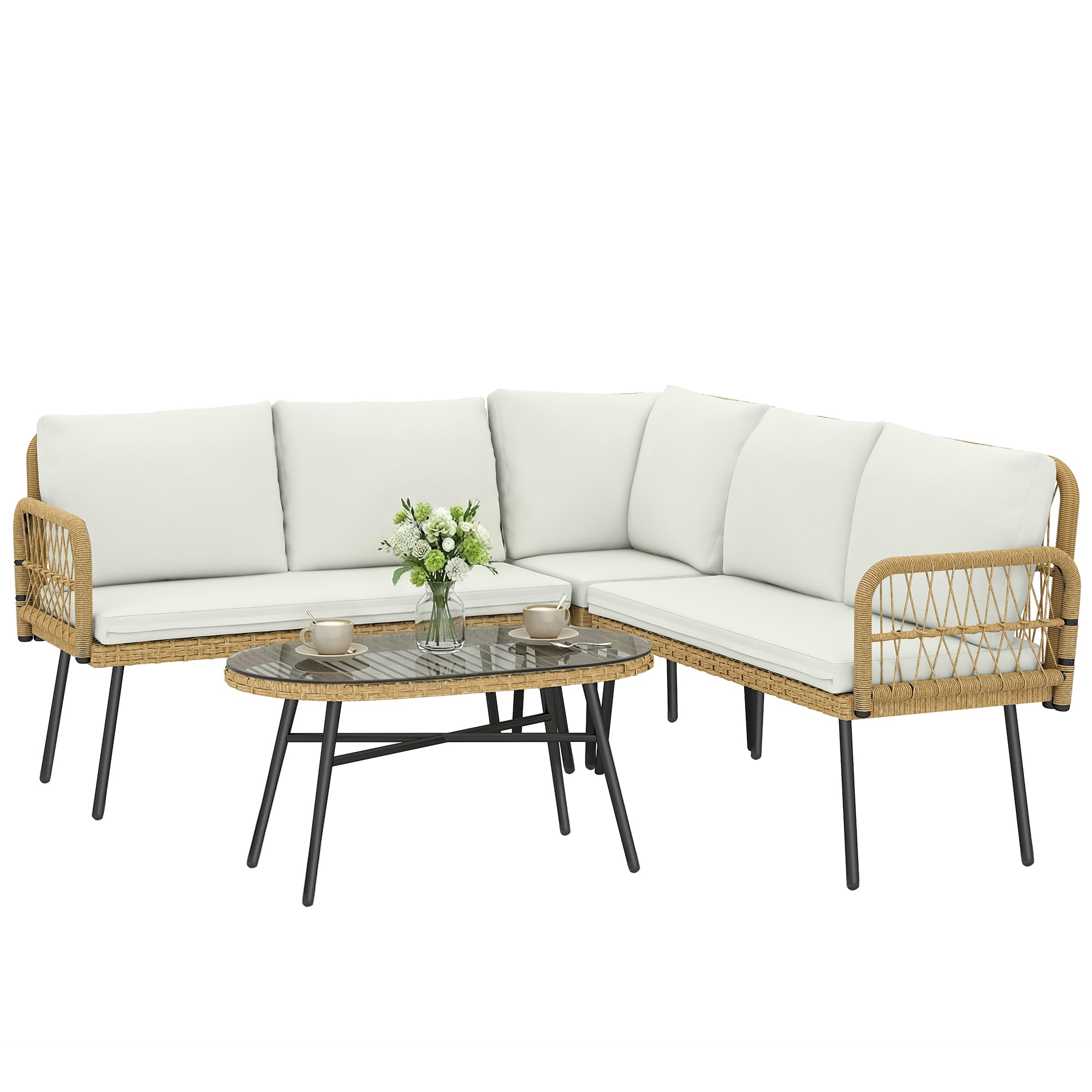 Outsunny Set Salotto da Giardino in Rattan 4 Pezzi, Salottino da Giardino Esterno ad L con 2 Divani 2 Posti, Angolo, Tavolino da Caffè, Cuscini, Struttura in Acciaio, per Balcone Patio, Naturale/Crema