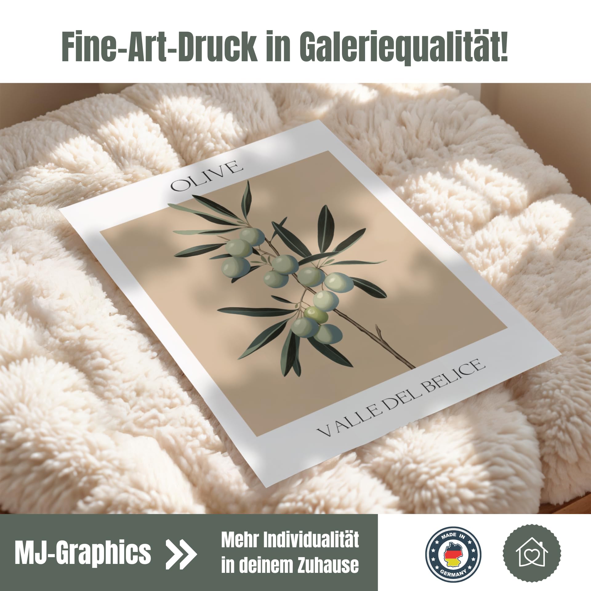 MJ-GRAPHICS® Olivenzweig Poster Natur Wandbild Deko A2 mit braunem Rahmen