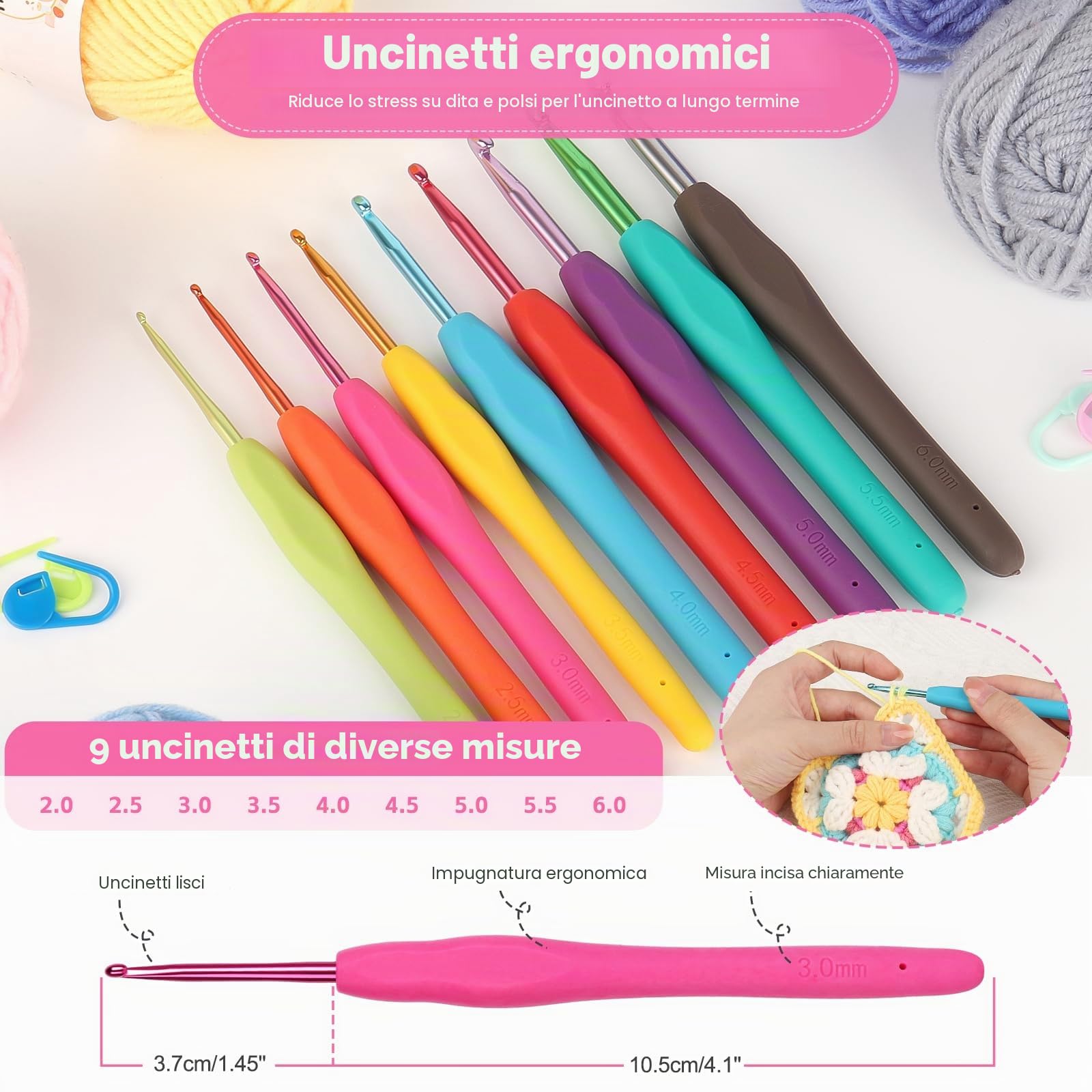 Reessy Kit per uncinetto, 88 pezzi, kit per uncinetto per principianti e adulti, include istruzioni ergonomiche uncinetti 15 pezzi × 25 g sacchetto per riporre i filati e accessori per maglieria, kit