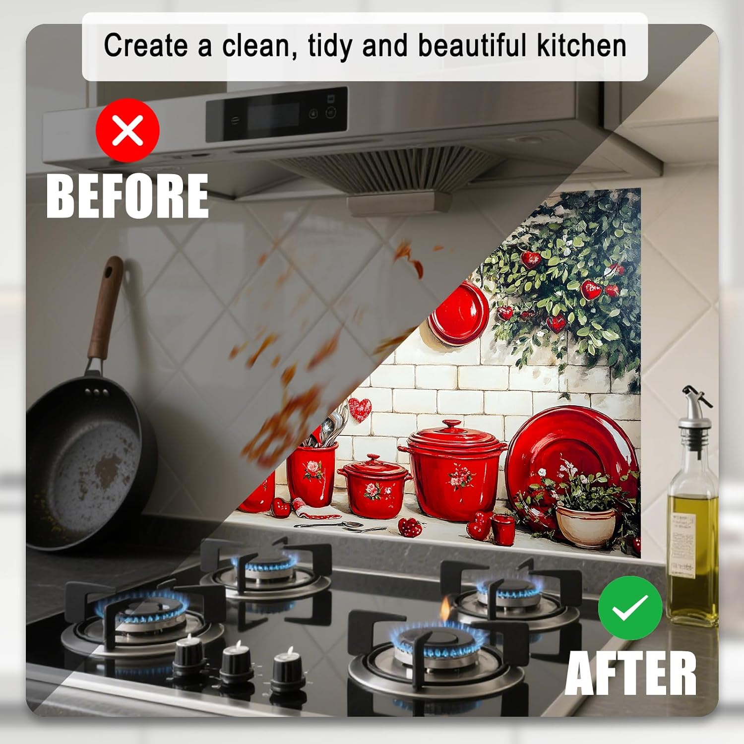 Nuxovilar Peel and Stick Backsplash Red Vintage Kitchenware Heart Pattern Backsplash Tile 17.72"x27.56", Peel and Stick Backsplash for Kitchen, Ideal for Romantic Kitchens, Vintage Spaces