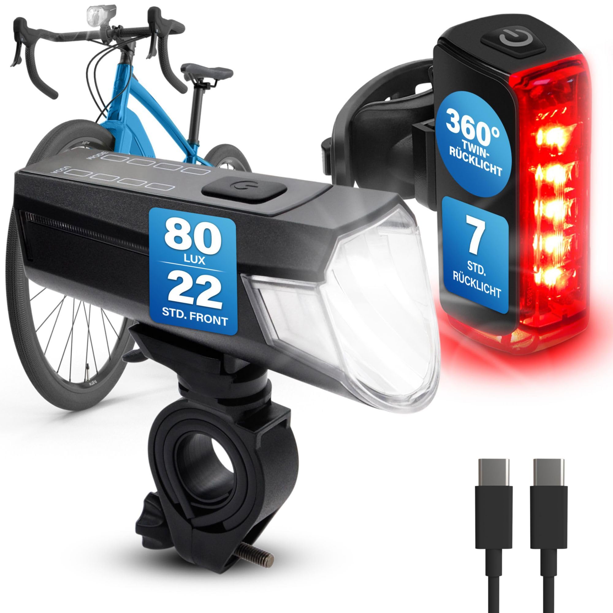 FISCHER Twin Bicycle Light Set, 360° Floor Lighting, LED Bicycle Lamp 80 Lux, Rechargeable Battery with USB C, Front and Rear Tool-free Mountable-image-3