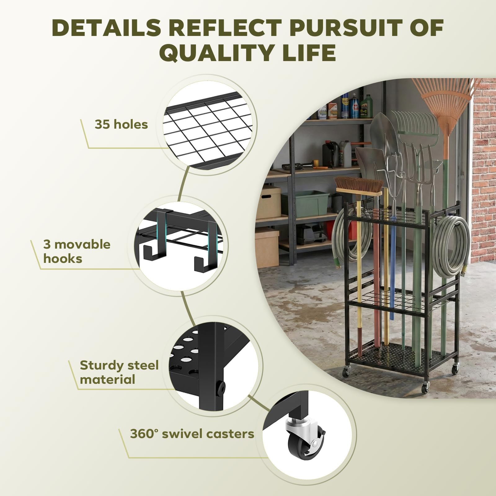 Stojak na narzędzia ogrodowe z kółkami, 35 uchwytów na narzędzia, 3 poziomy, regał metalowy, 43 x 30 x 79,4 cm, czarny