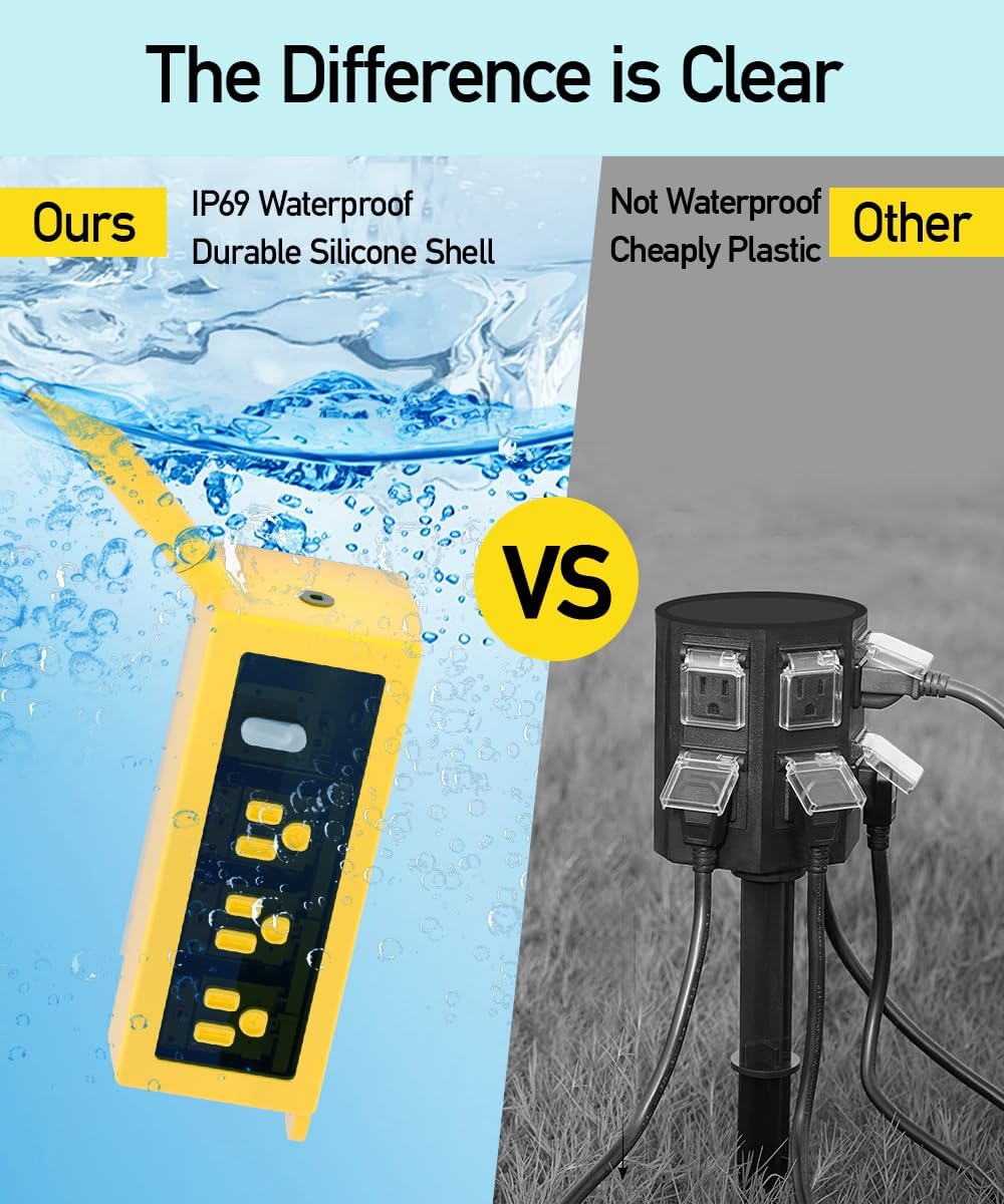 Outdoor Power Strip Weatherproof, ZZJ IP69 Grade Waterproof Surge Protector, 25 FT Outdoor Extension Cord with Stake, 6 AC Outlets,14 AWG Heavy Duty Cord for Outdoor Patio Garden-Yellow