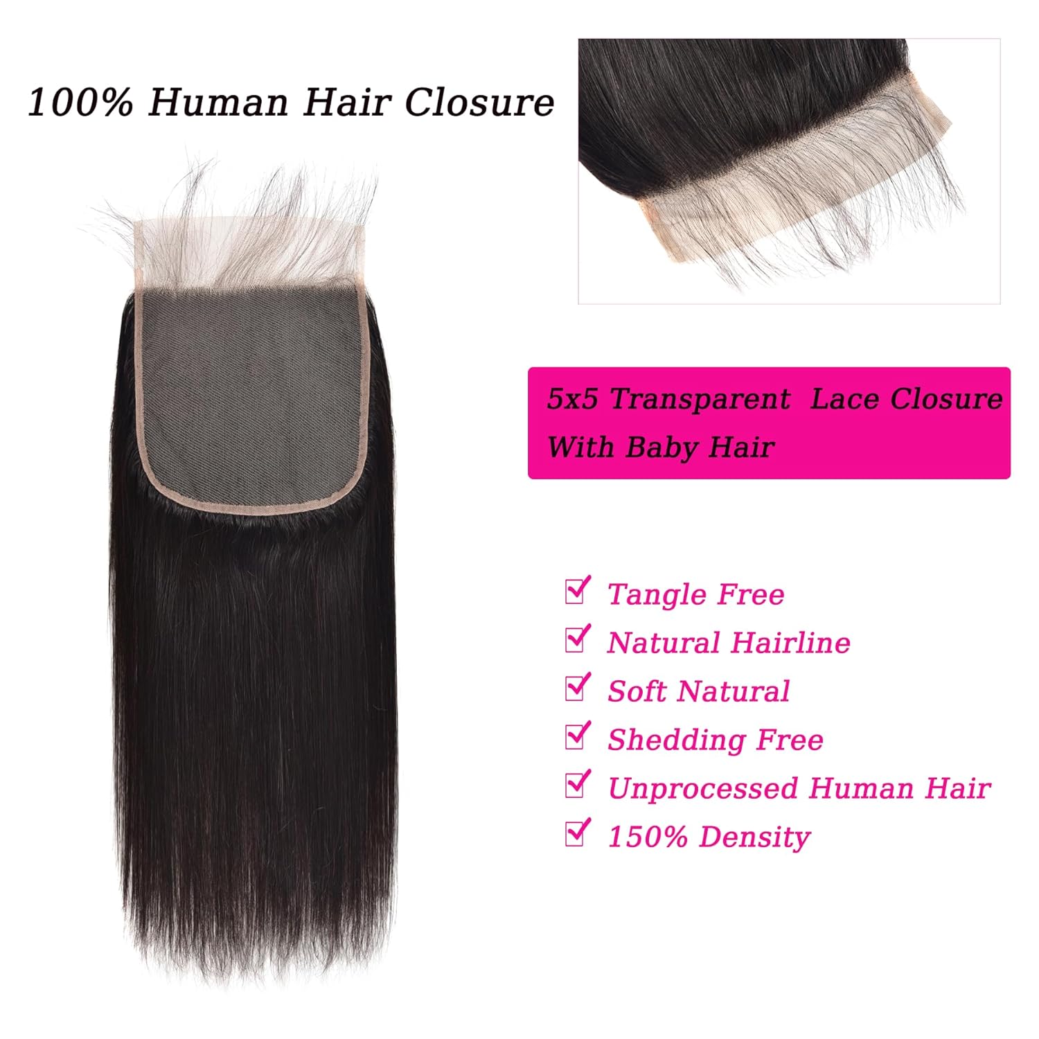 5X5 Hd Lace Closure Free Part With Baby Hair Bleached Knot Unprocessed Brazilian Real Human Hair Extensions Virgin Remy Hair Pre Plucked Lace Closure 5X5 Natural Color 12 Inch