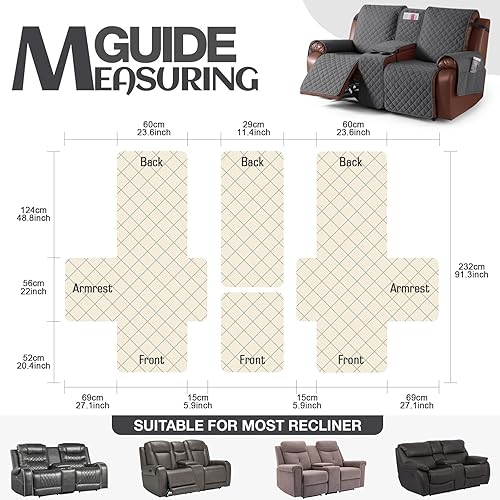 Miniatura 6 de KinCam Funda 100% impermeable para sofá biplaza reclinable con consola, fundas antideslizantes para sofá reclinable de 2 asientos, funda protectora