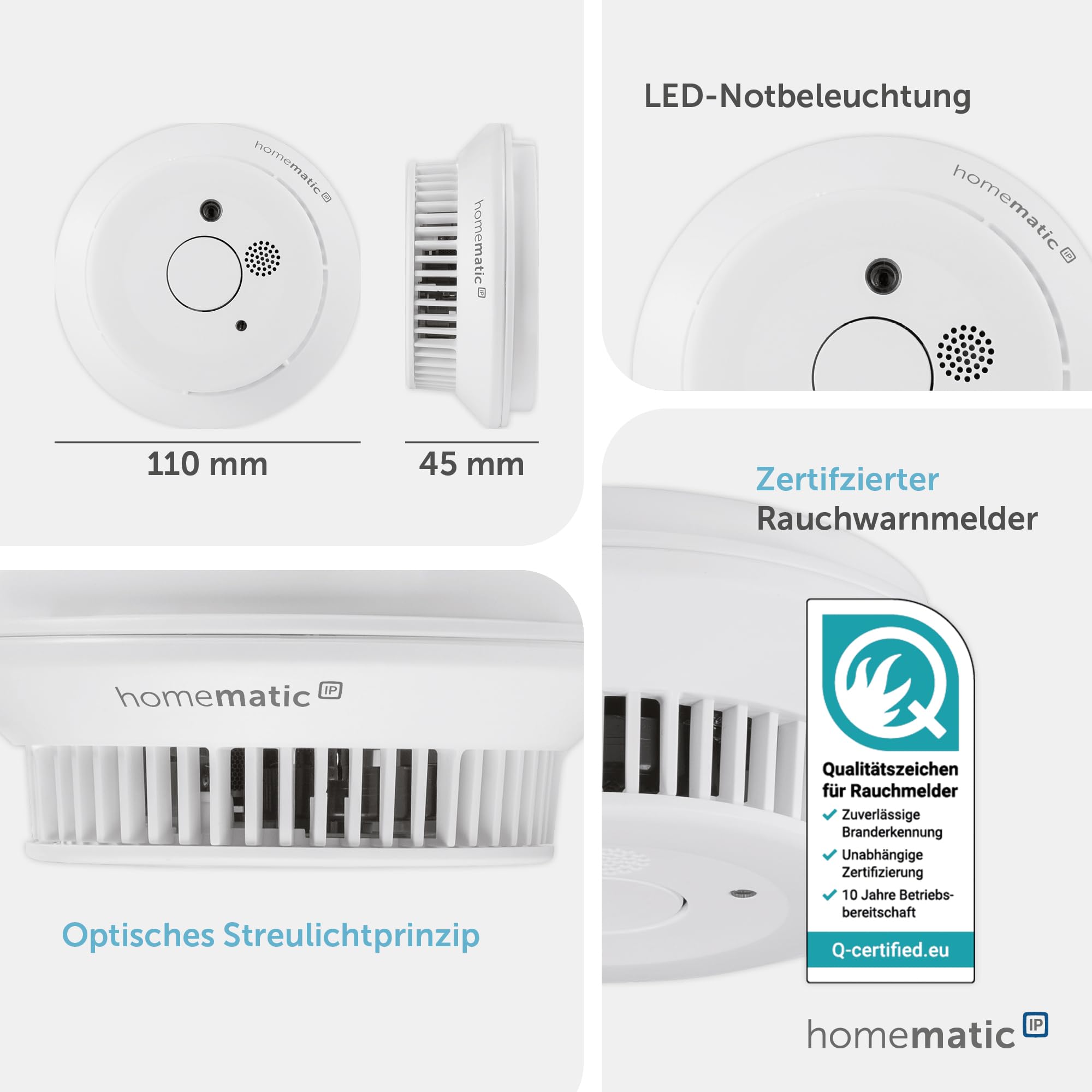 Homematic IP Rauchwarnmelder Q-Label Smart Home Rauchmelder LED-Notbeleuchtung