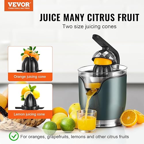 Miniatura 2 de VEVOR Exprimidor eléctrico de cítricos, exprimidor de jugo de naranja con conos de jugo de dos tamaños, máquina de jugo de naranja de acero