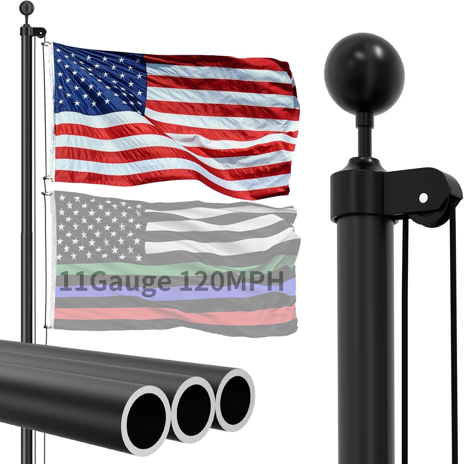 11 Gauge Heavy Duty Flag Pole, 30 FT 45K PSI & 95 HBW Hard Aerospace Aluminum Flagpole, Unbending 120MPH Wind Resistance, In-Ground Flagpole Kit for Outside House 30 FT Black
