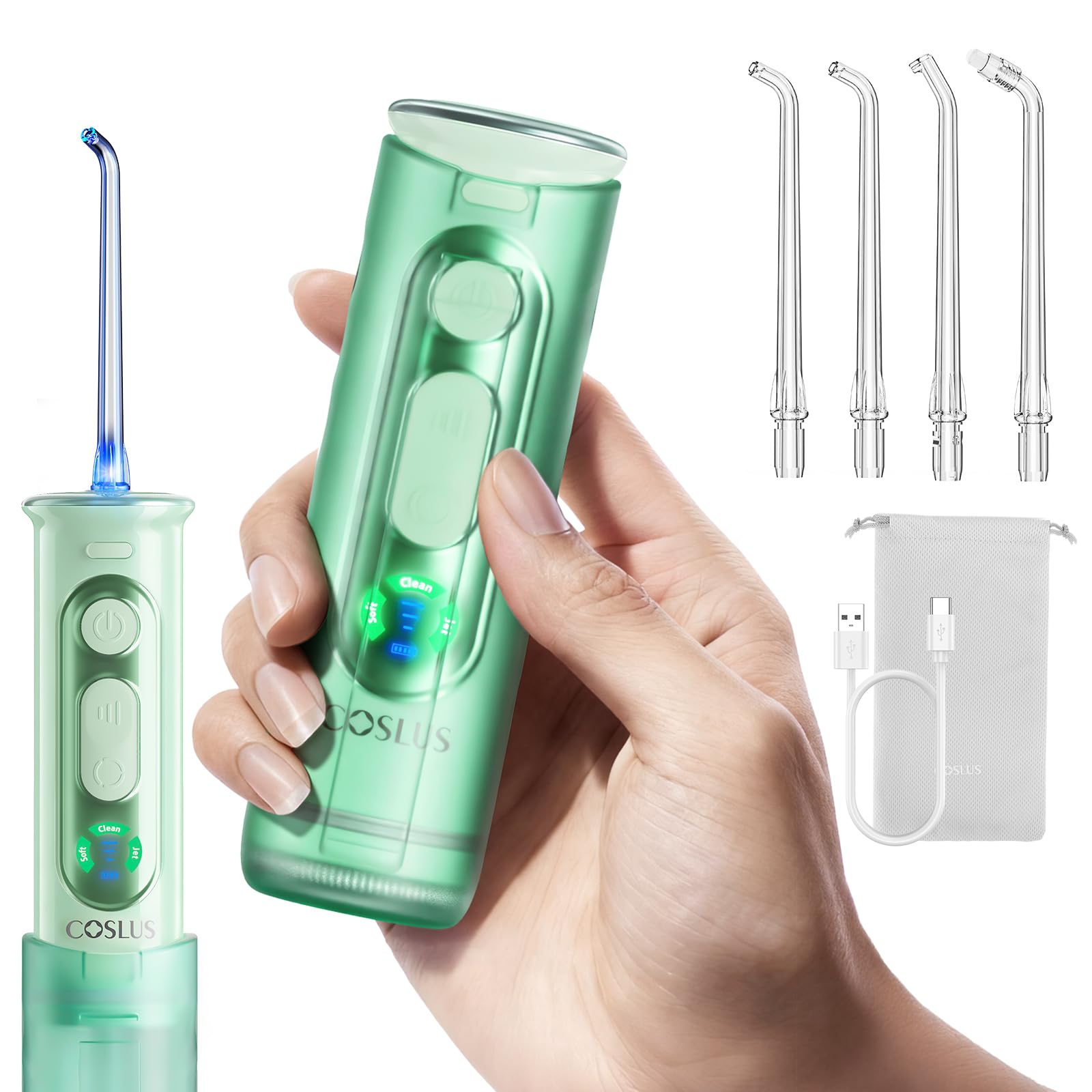 COSLUS T50 Mini Munddusche mit Display, ideal für unterwegs | Mini zahnsteinentferner, Druckanzeigeleuchte, 9 Stufen für Zahnspangen, wiederaufladbar für unterwegs, IPX7, 240 ML, Grün