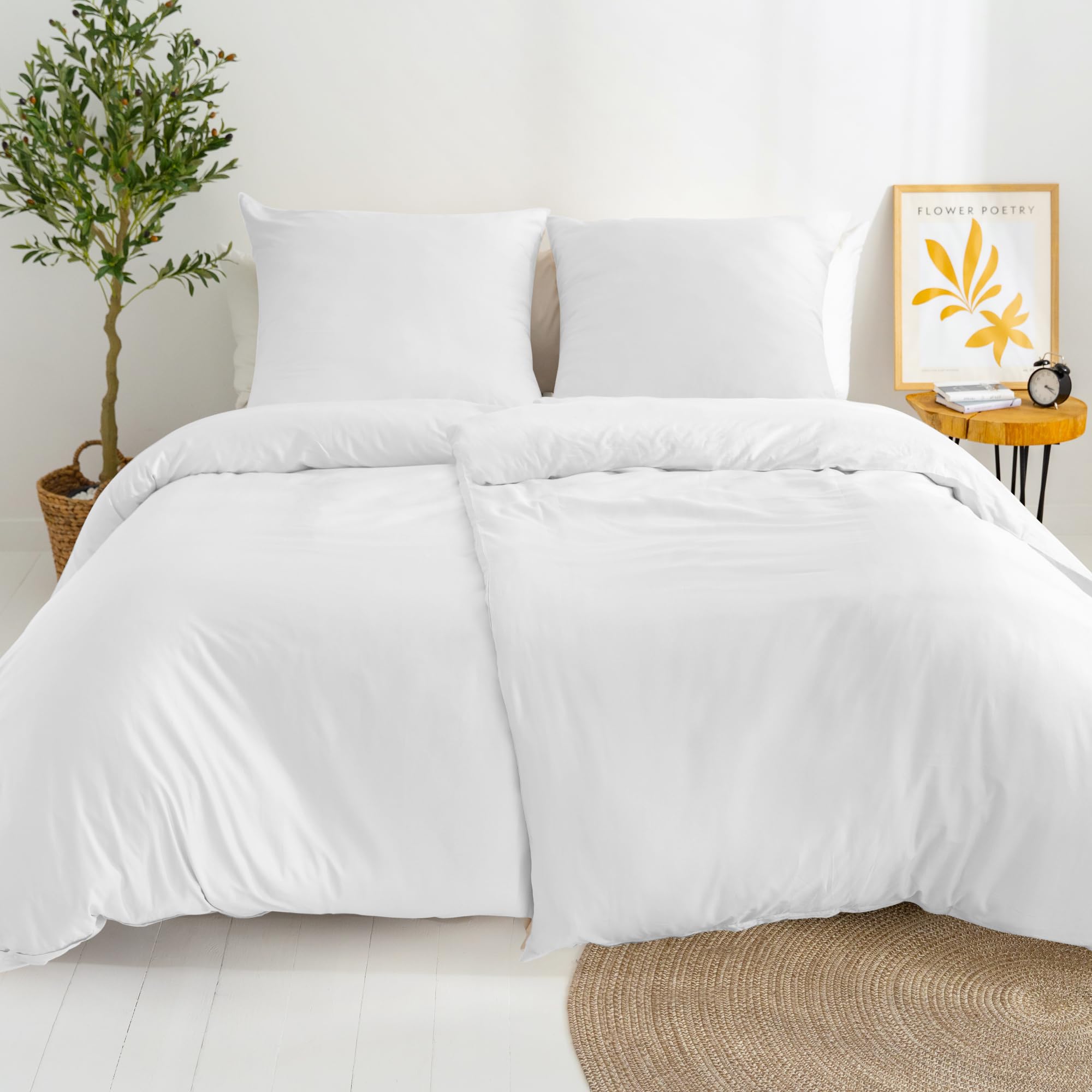 Dreamzie 2 Bettwäsche Set 135x200 Mako Satin - Weiß - 2 Bettbezüge 135x200 cm mit 2 Kissenbezüge 80x80 cm - Oeko-Tex Zertifiziert - Bettwäsche 135x200 Baumwolle 4teilig