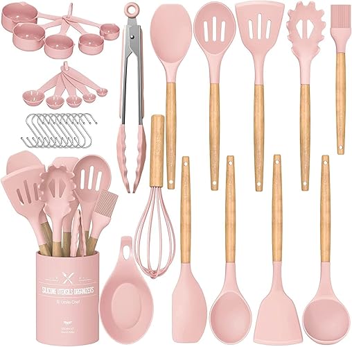Umite Chef Silicone Kitchen Utensils Set, 33 Piece Non-Stick Kitchen Utensils with Stand, Wooden Handle, Pink - Pink