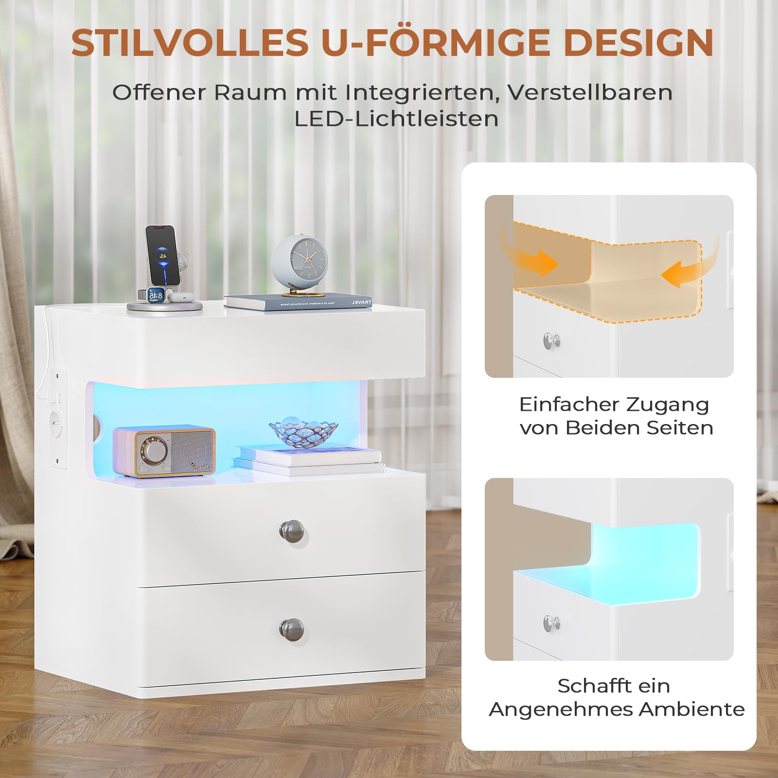 AOGLLATI Nachttisch mit Geheimfach,Nachtschrank mit Steckdose und LED-Beleuchtung Beistelltisch mit 2 Schubladen,1 Ausziehrega,1 Fach,Hochglanzoberfläch (1, Weiß, 40x35x59cm)