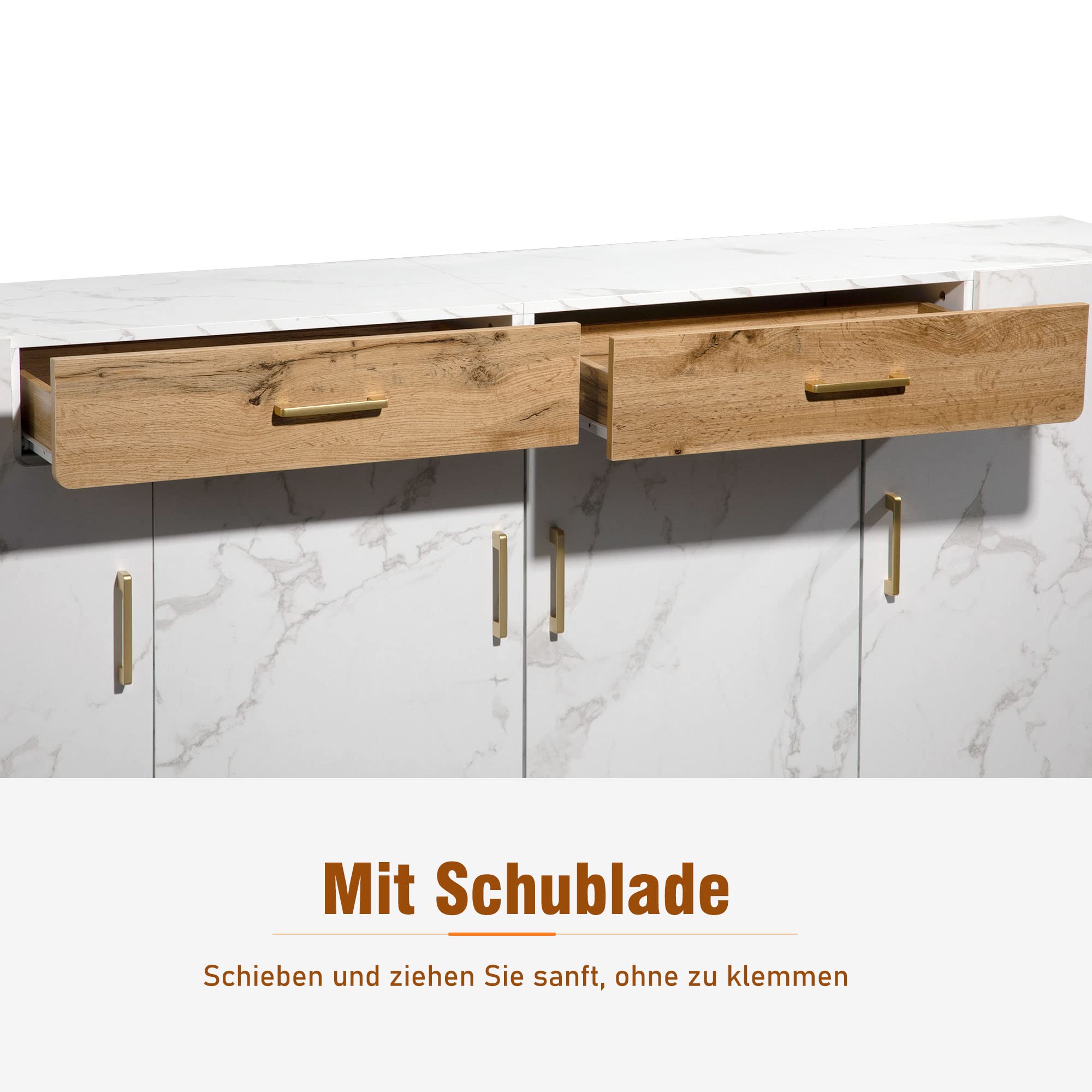 Credenza Azkoeesy 208 Cm – 4 Ante E 2 Cassetti, Legno Naturale Con Maniglie Dorate – Mobile TV, Cucina, Soggiorno