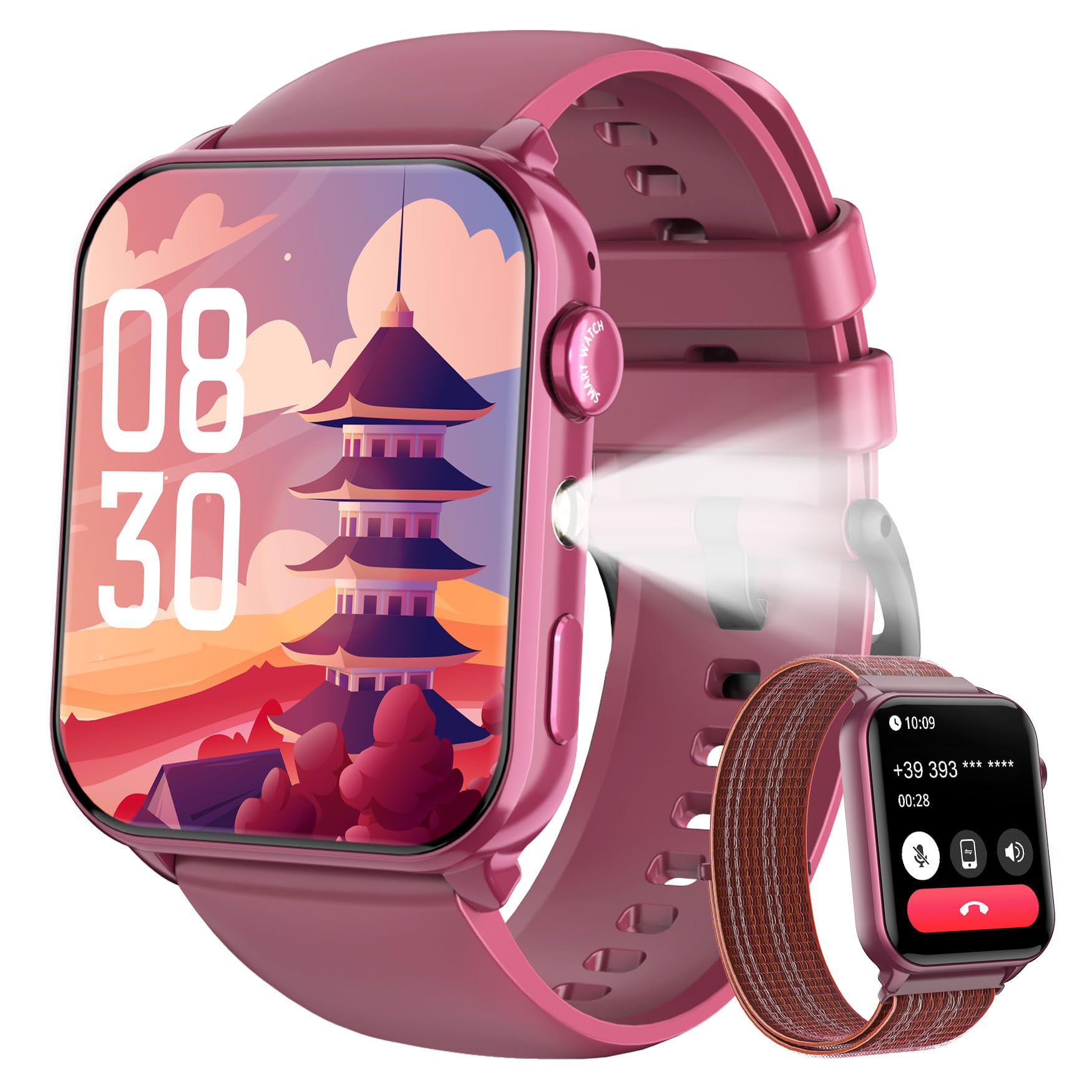 IOWODO Smartwatch Herren Damen 2025 | Bluetooth Anrufe & LED-Leuchte | SpO2 & Schlafüberwachung | 350mAh (6+ Tage) | 2 Armbänder (Silicone/Nylon) | Fitnessuhr für Android & iOS