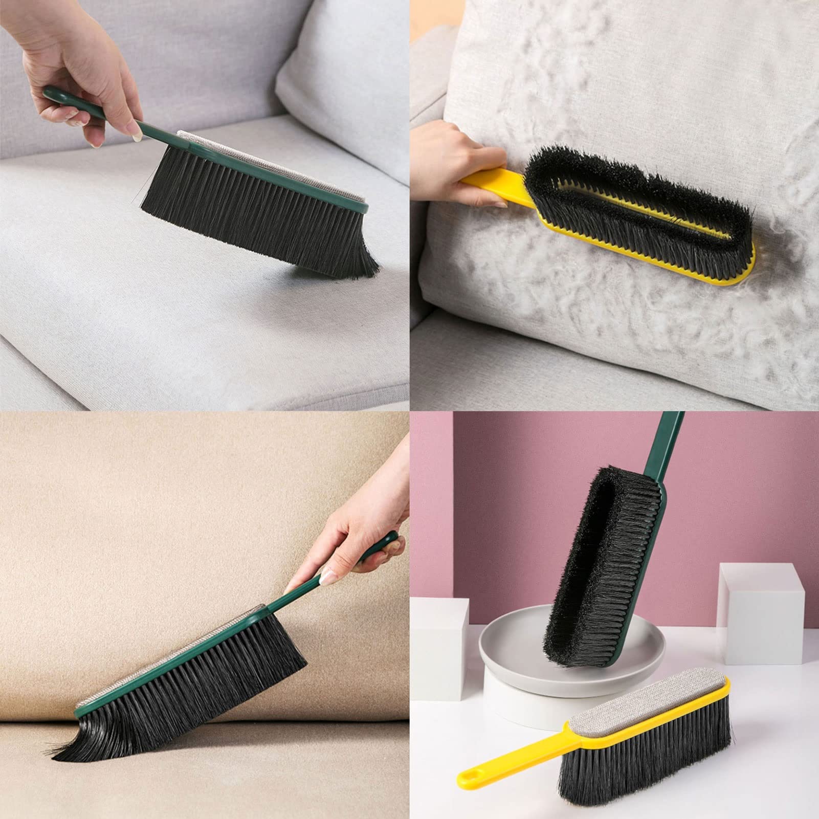 Escoba de mano verde y removedor de pelo de ropa, cepillo de cerdas suaves para sofá, alfombras y mostrador, ideal para eliminar el pelo de mascotas y el polvo fino