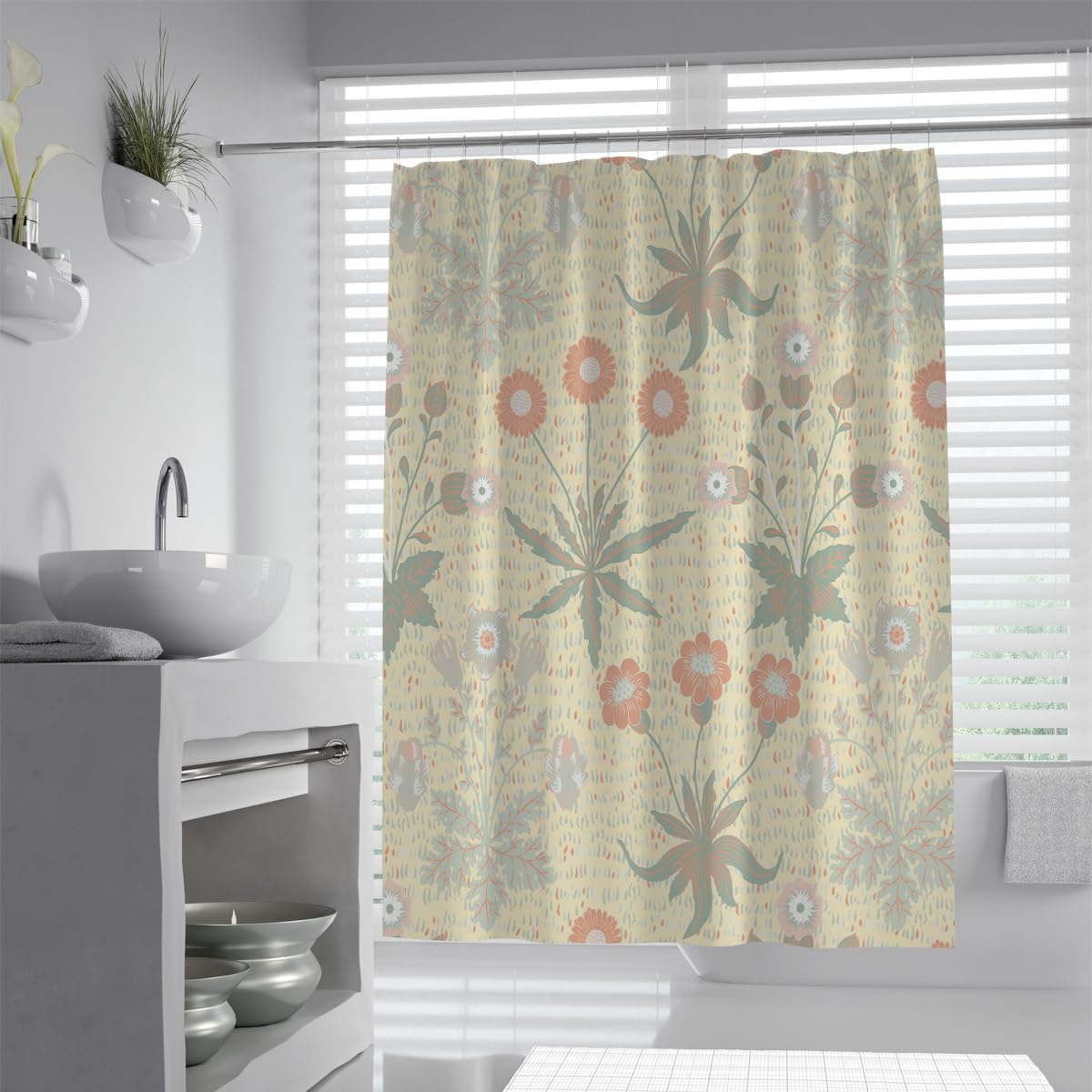 Cortina de Ducha Estilo Morris Prado Flores Beige 150x200cm