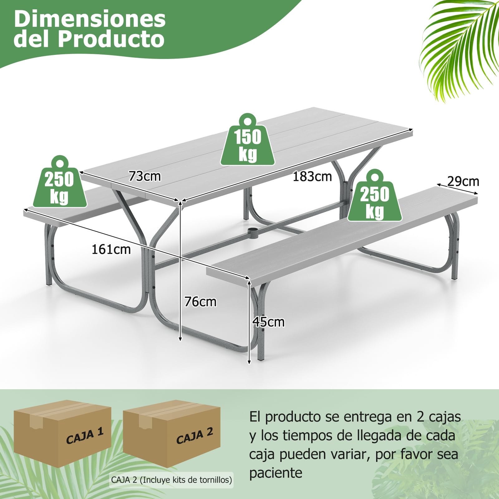 COSTWAY Conjunto Mesa y Banco de Picnic de 8 Personas, 2 Bancos con Marco de Metal y Mesa de HDPE, Mesa y Sillas Camping, Orificio para Sombrilla, 183 x 161 x 76 cm (Gris)