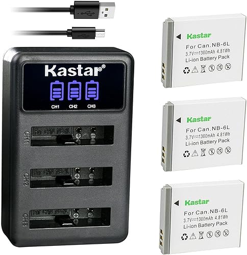Kastar Paquete de 3 baterías y cargador USB triple LCD compatible con Canon NB-6L NB-6LH, Canon PowerShot SX260 HS, PowerShot SX270 HS, PowerShot