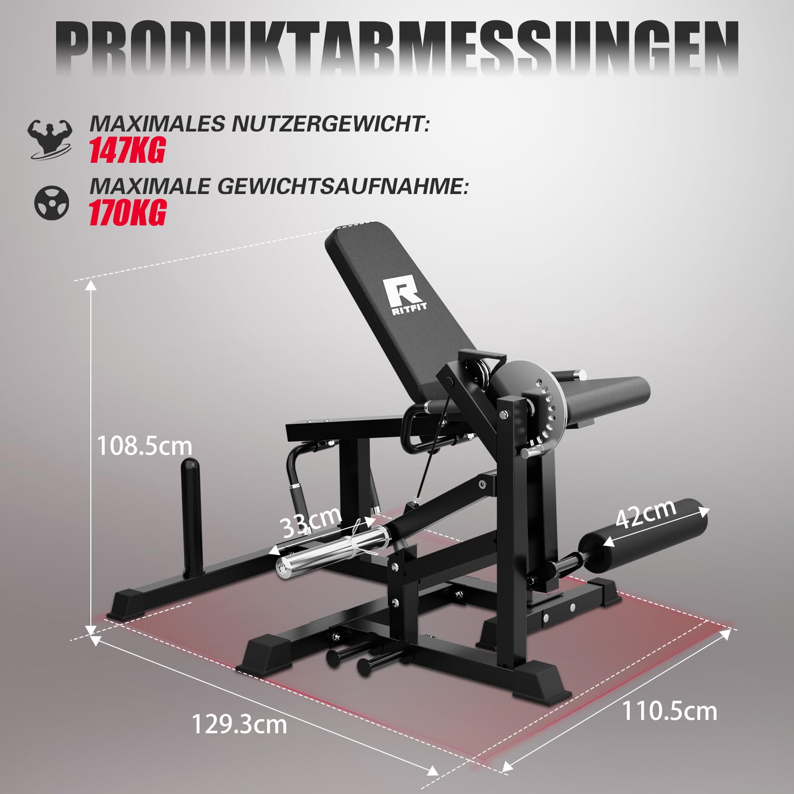 RitFit Beinstrecker Beinbeuger Gerät Beinpresse für Zuhause | 4-fach verstellbare Rückenlehne & 12-fach verstellbare Beinstütze, für Oberschenkel Training & Muskelaufbau Beintrainer