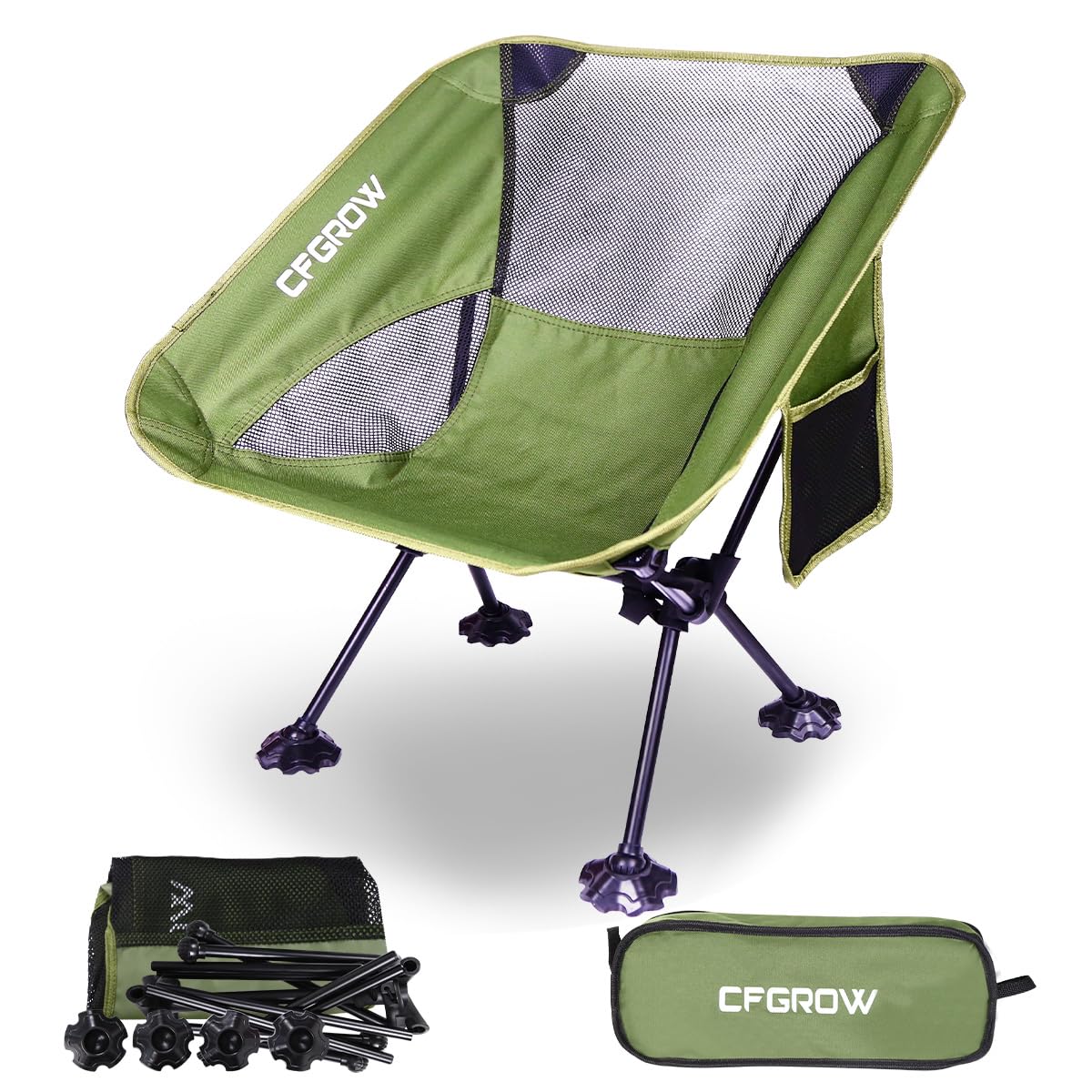 CFGROW Sedia da campeggio pieghevole, portatile, 150 kg, ultraleggera, piccola dimensione, pieghevole, con borsa per il trasporto, per picnic, pesca, giardino, escursioni, viaggi, zaino (verde)