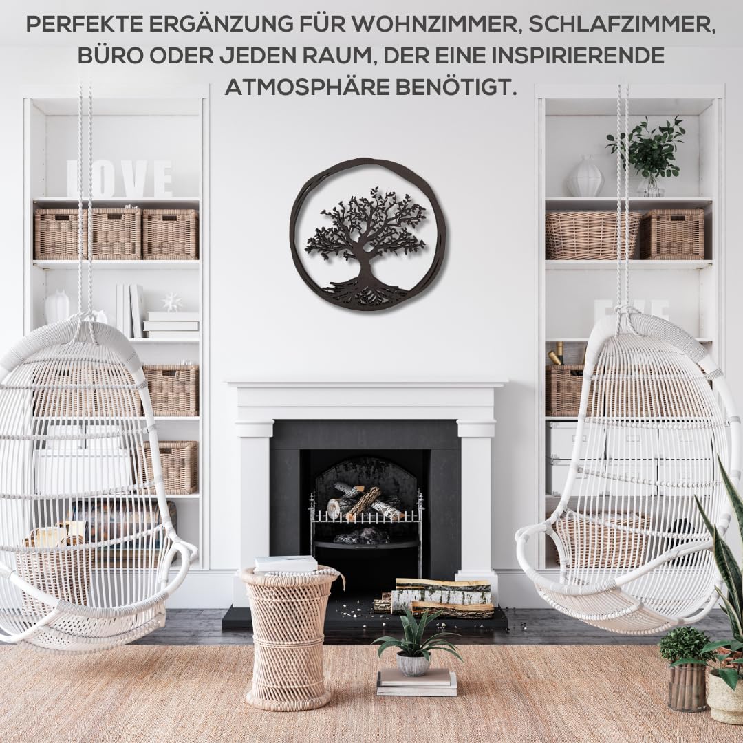 KUINEA® Baum des Lebens Wandbild Ø42cm – Runde Holzdekoration in Anthrazit für Wohnzimmer, Schlafzimmer & Büro | Moderne Natur-Deko aus MDF Holz
