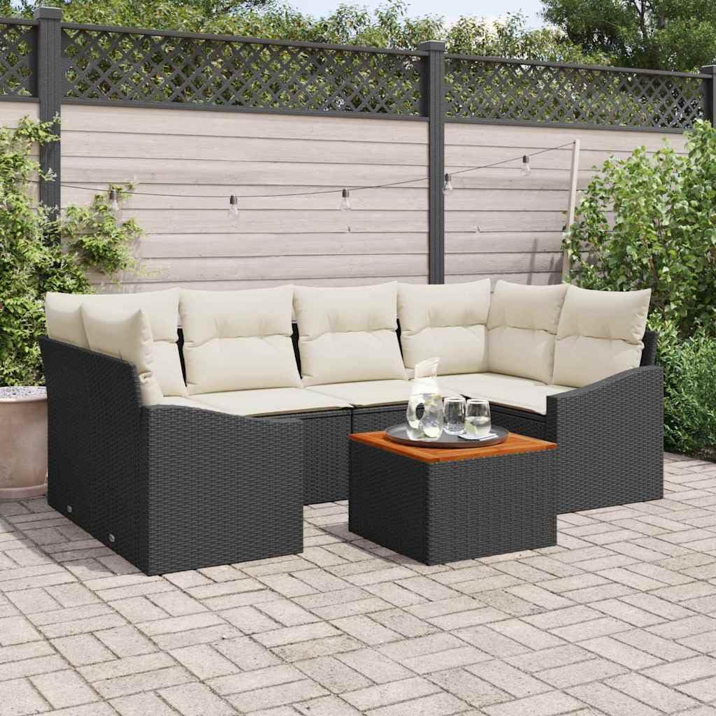 Juego de muebles de jardín de polirratán de 7 piezas con cojines negros, conjunto de asientos modulares, incluye mesa para terraza, balcón, jardín, patio, 6 plazas
