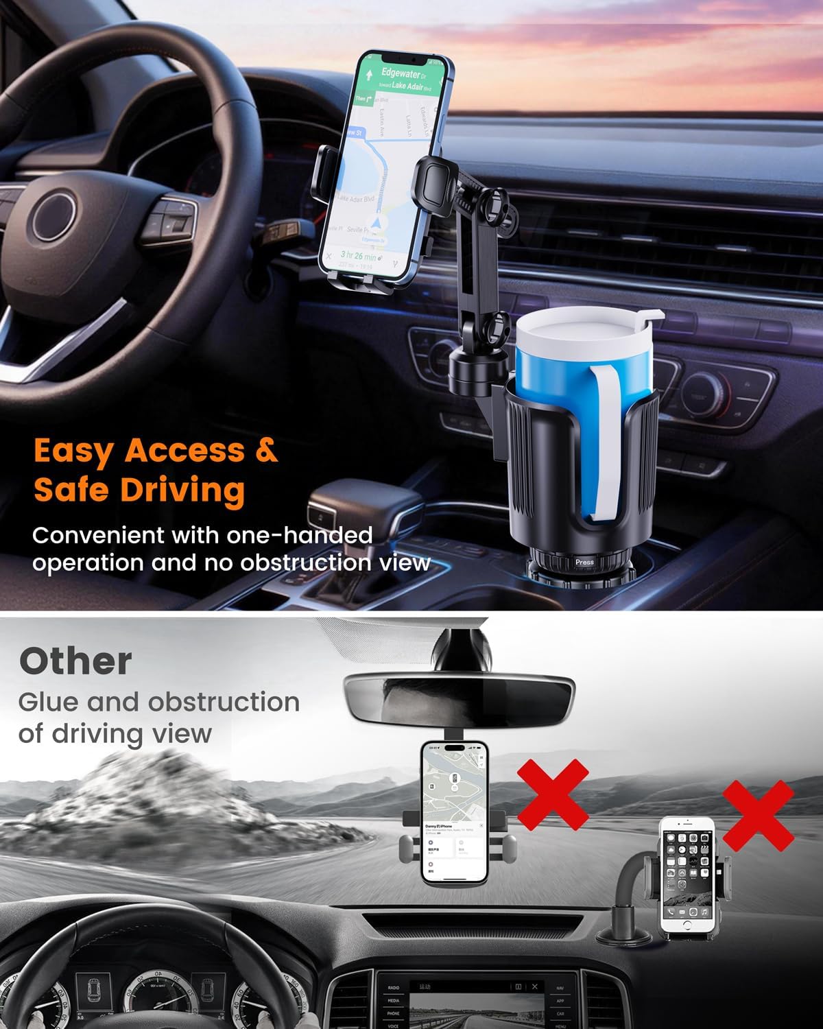 Cup Phone Holder for Car with Expandable Base, Upgraded 2 in 1 Hands Free Cellphone Holder Cupholder Car Mount, Stable Retractable Long Arm Universal Fit iphone and Large Bottle, for Truck SUV