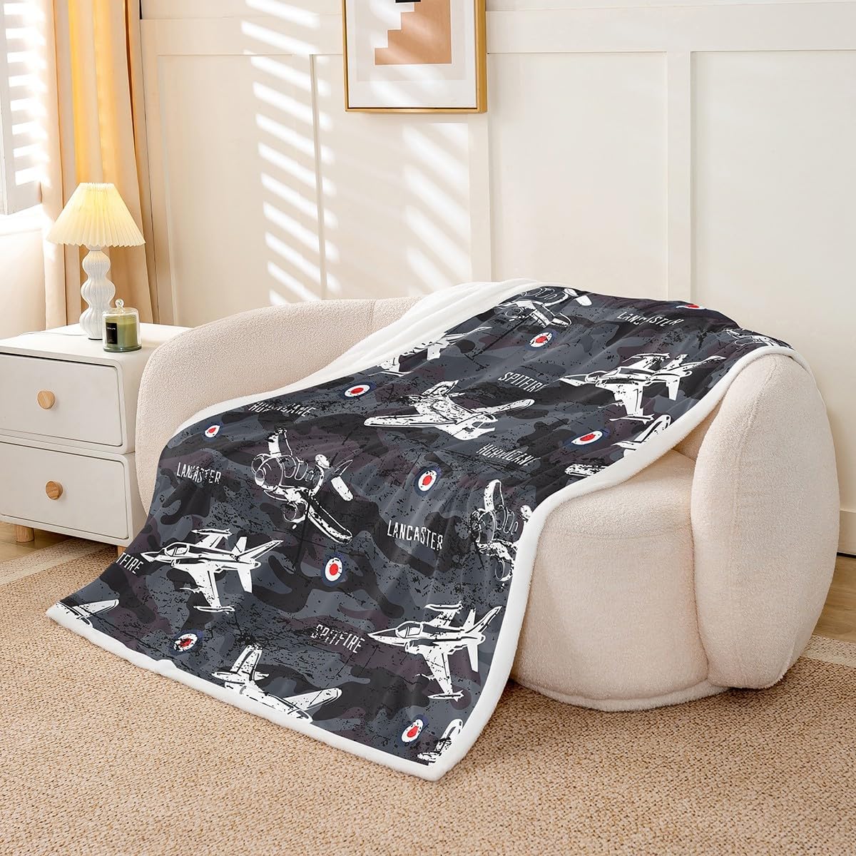 Aircraft Fleece Throw Blanket for Boys Girls Kids Army Camouflage Plush Blanket Helicopter Flying Plane Sherpa Blanket Colorful Camo Military Theme Fuzzy Blanket for Sofa Bed Couch, 40x50 Inch