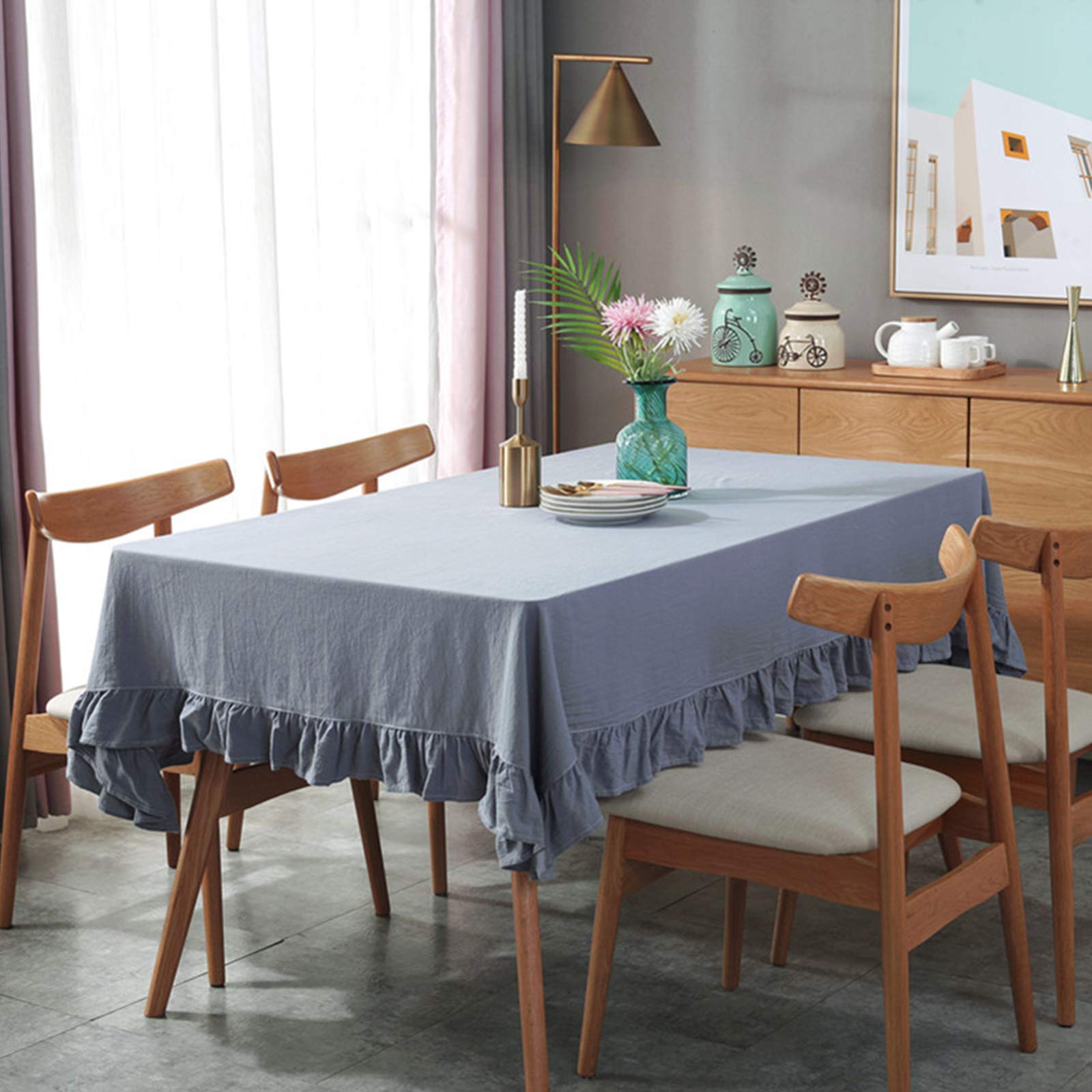 rismart Ruffle Square Linen Table Cloth Cover Tablecloth for Tabletop Desk Adornment Blue 90 x 90 cm, 35.4 x 35.4 inch (Square) - Image 3