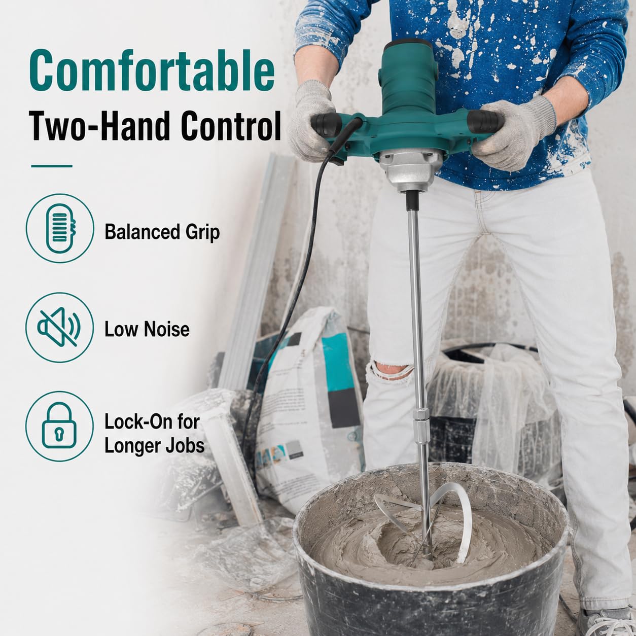 Malaxeur Mortier Colle 2100W Melangeur Beton électrique Réglable à 6 Vitesses Avec Poignée Malaxeur Enduit Mélangeur,Pour Le Mélange De Ciment, Béton, Coulis