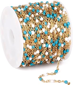 33FT 2mm Gold Cable Chains Blue White Enamel Chains Bulk for Jewelry Making