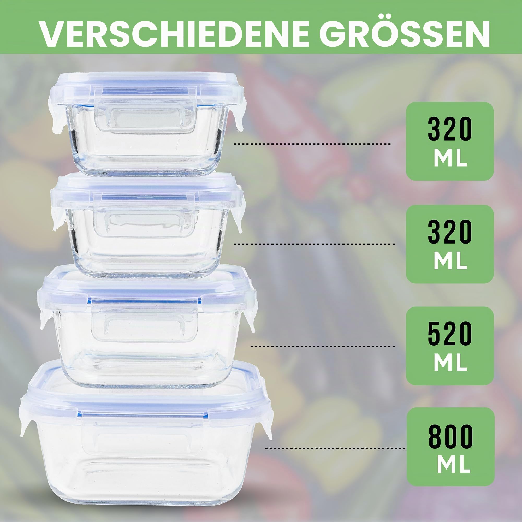 Frischhaltedosen Mit Deckel – Luftdichte Behälter Für Lebensmittel, Glas Schüssel Mit Deckel Set Sicher Für Mikrowelle Und Gefrierschrank | Meal Prep Boxen Glas (4 Quadrat Behälter, Blau)