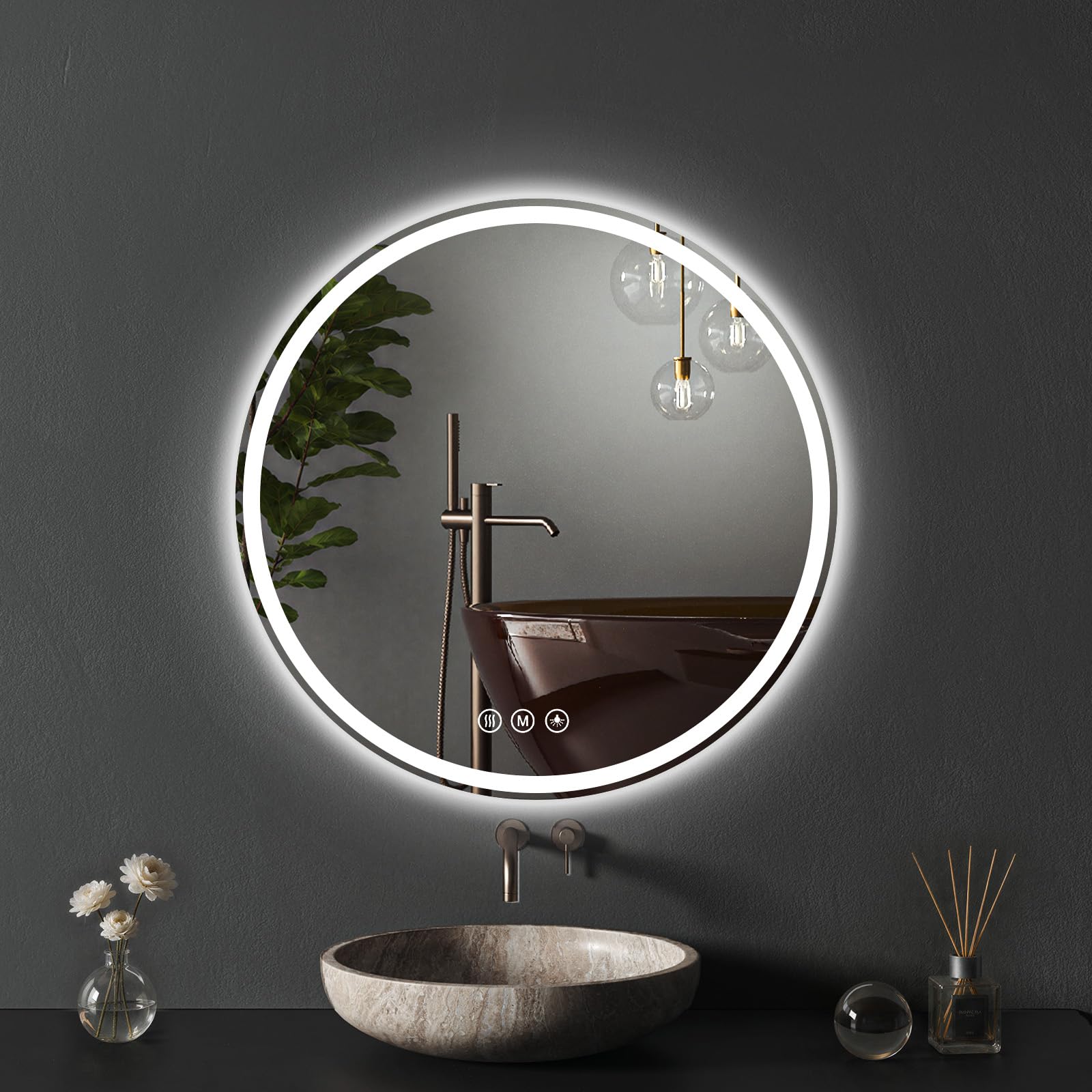 XRAMFY Badspiegel mit Beleuchtung 50cm*50cm, Antibeschlag, Rund Badezimmerspiegel mit Beleuchtung LED, 3 Lichtfarben, Dimmbar