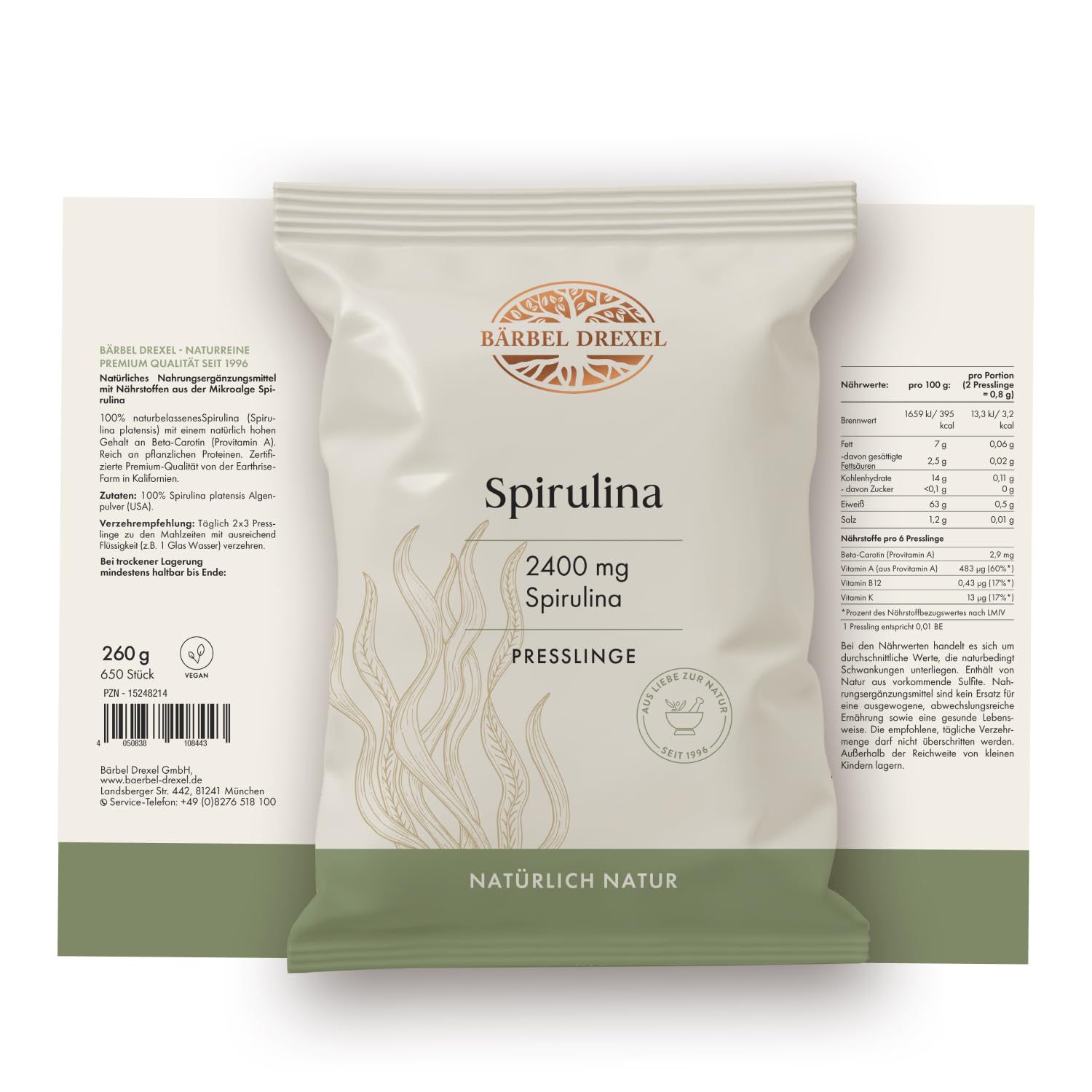 Spirulina Presslinge, 650 Tabletten hochdosiert ohne unnötige Zusätze. Mineralstoffe, Aminosäuren, Proteine, Beta-Carotin, Vitamin B12. Blaualgen aus Californien. Natur-Labor BÄRBEL DREXEL®