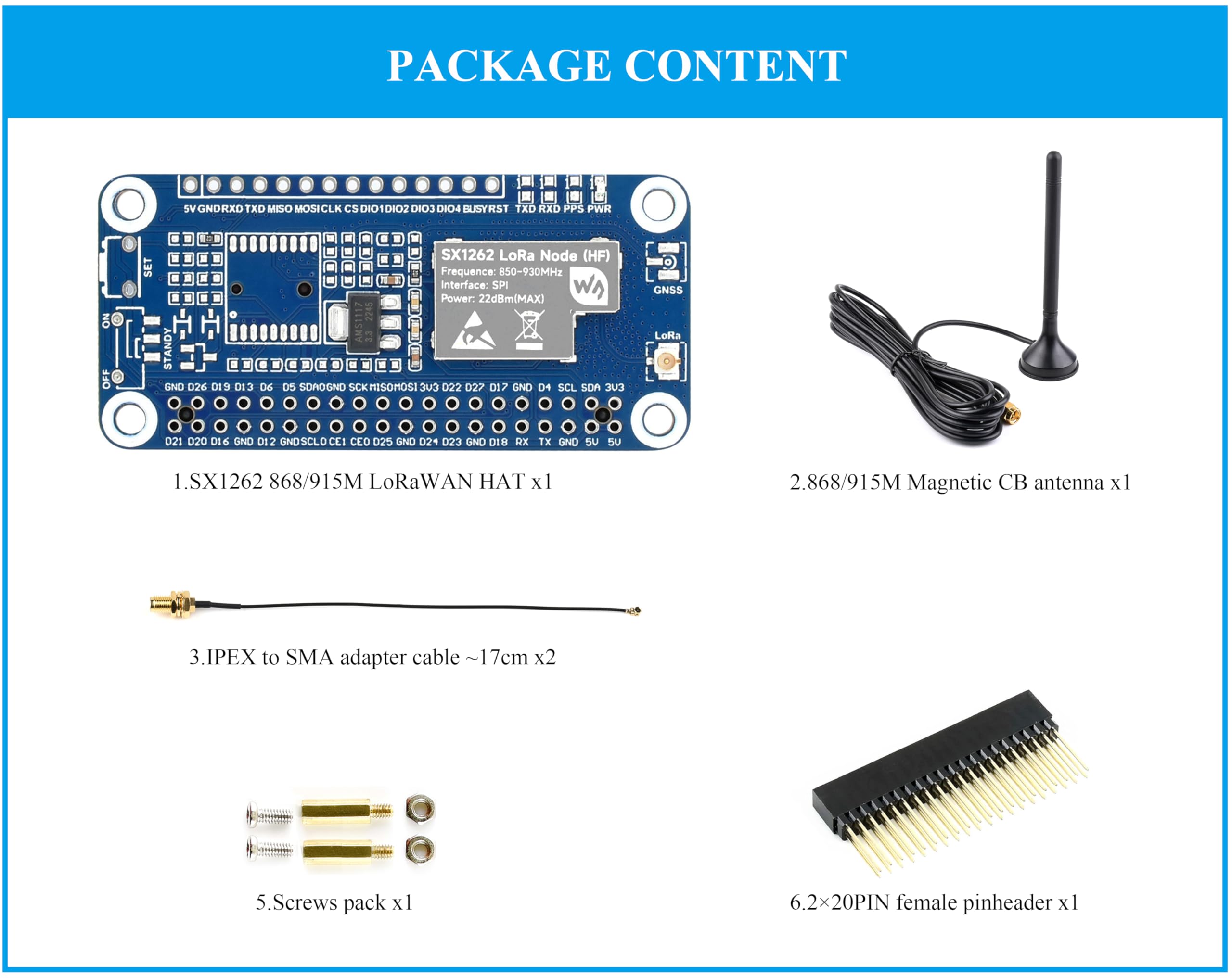 Amazon.com: SX1262 868/915M LoRaWAN HAT SX1262 RF Chip LoRa Module