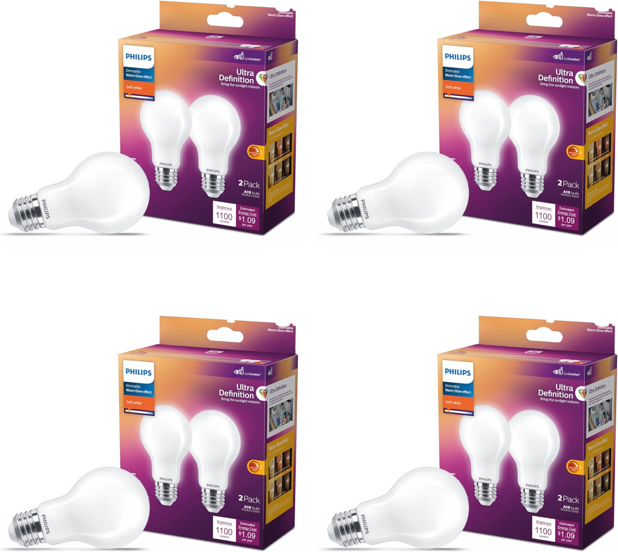 Philips LED 75W A19 8-Pack Ultra Definition Soft White (2700K) 1100 Lumen (9W = 75W) Dimmable Frosted Flicker-Free Light Bulbs