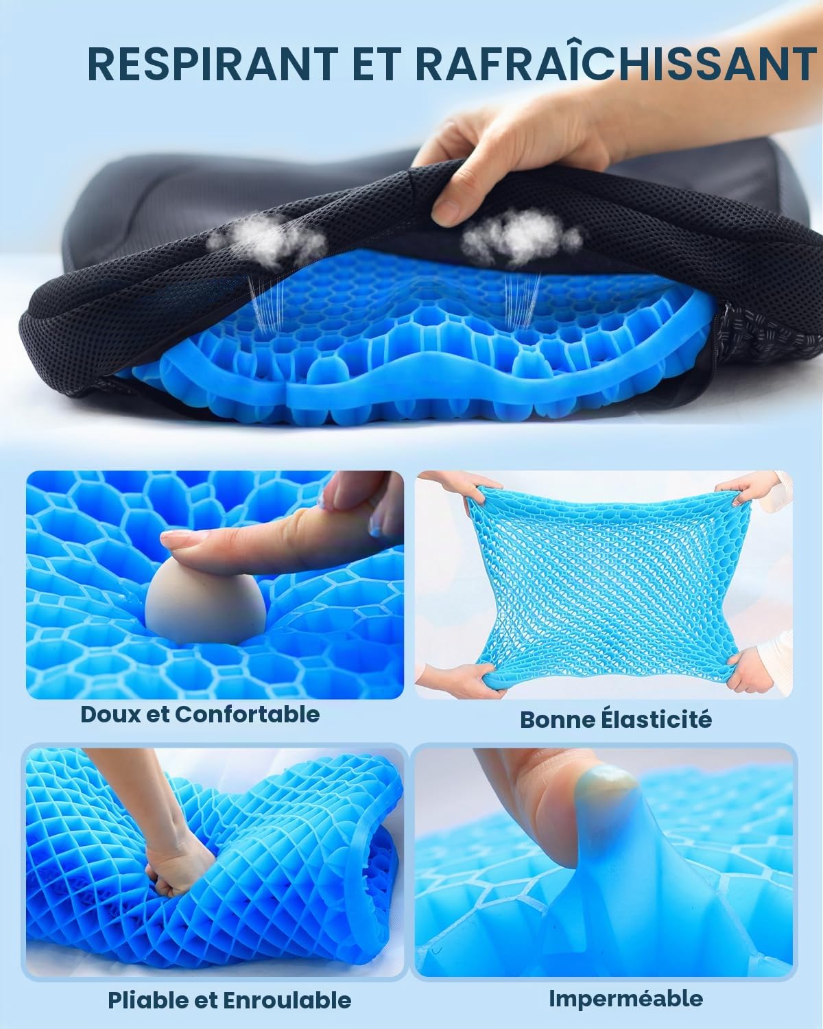 Coussin Gel Ergonomique, Respirant, Répartit Pression,Bleu,42cm | Facile à Nettoyer, Adaptable à Chaises, Bureau, Voiture, Fauteuil Roulant, Camion, Stade, Kayak et Plein Air