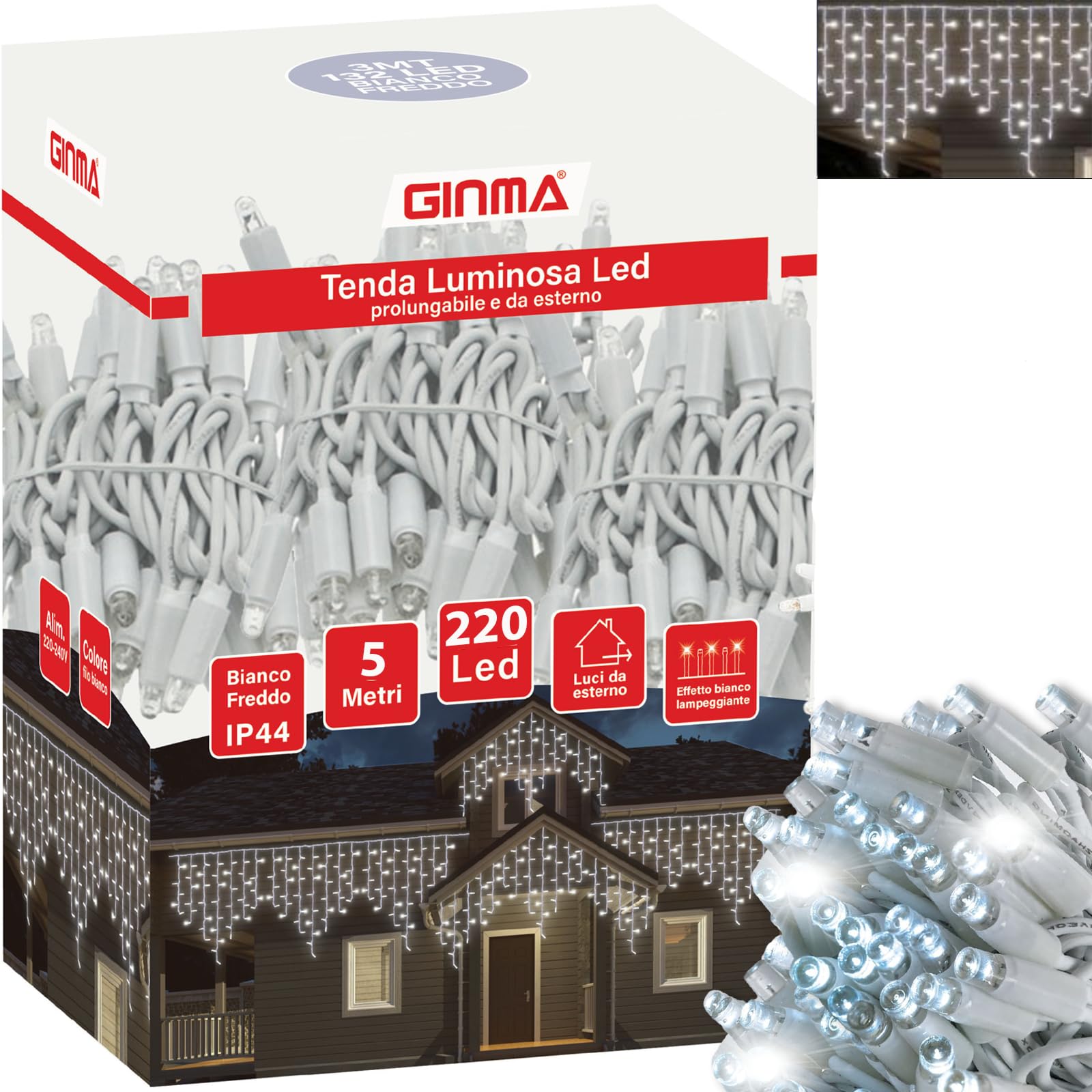 GINMA Tenda Luminosa LED - Luci di Natale Esterno Professionali - Certificata IP44 - Basso Consumo e Impermeabili, Effetto Cascata - Prolungabile (Bianco Freddo, 5 metri (220 LED))
