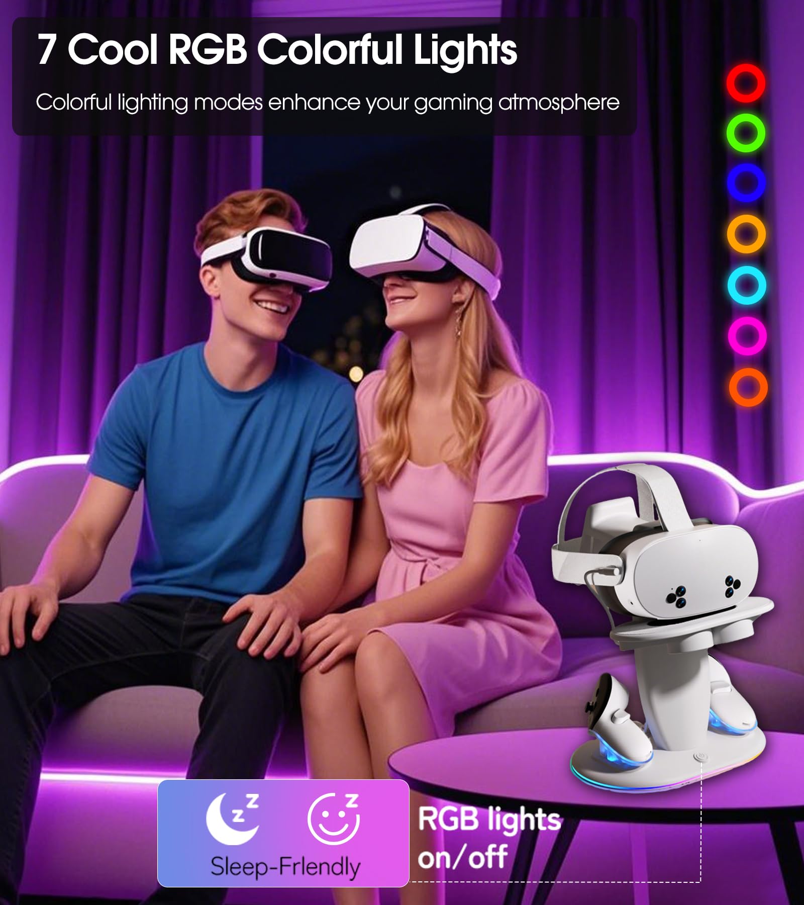 Ladestation für Meta Quest 2/3/3S/Quest Pro,Schnelllade-Dock mit RGB Beleuchtung für Controller, Ladedock mit USB C Schnellladung für VR Headset und Touch Controller (White)
