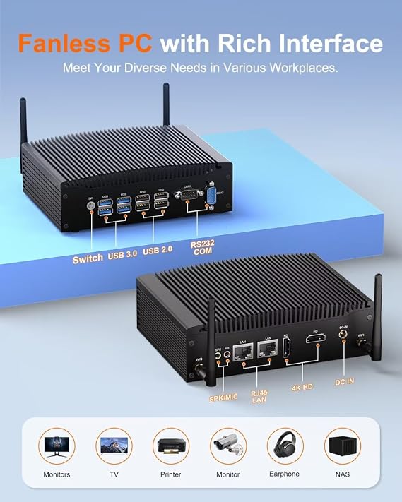 WEIDIAN Fanless PC Mini PC Win 11 Pro 8th Gen i5-8260U(up to 3.9GHz) 32GB DDR4 1TB SSD, Mini Computer 4K 2HD, WiFi5 BT4.2, 8USB, Silent Office Mini Computer for Business Home