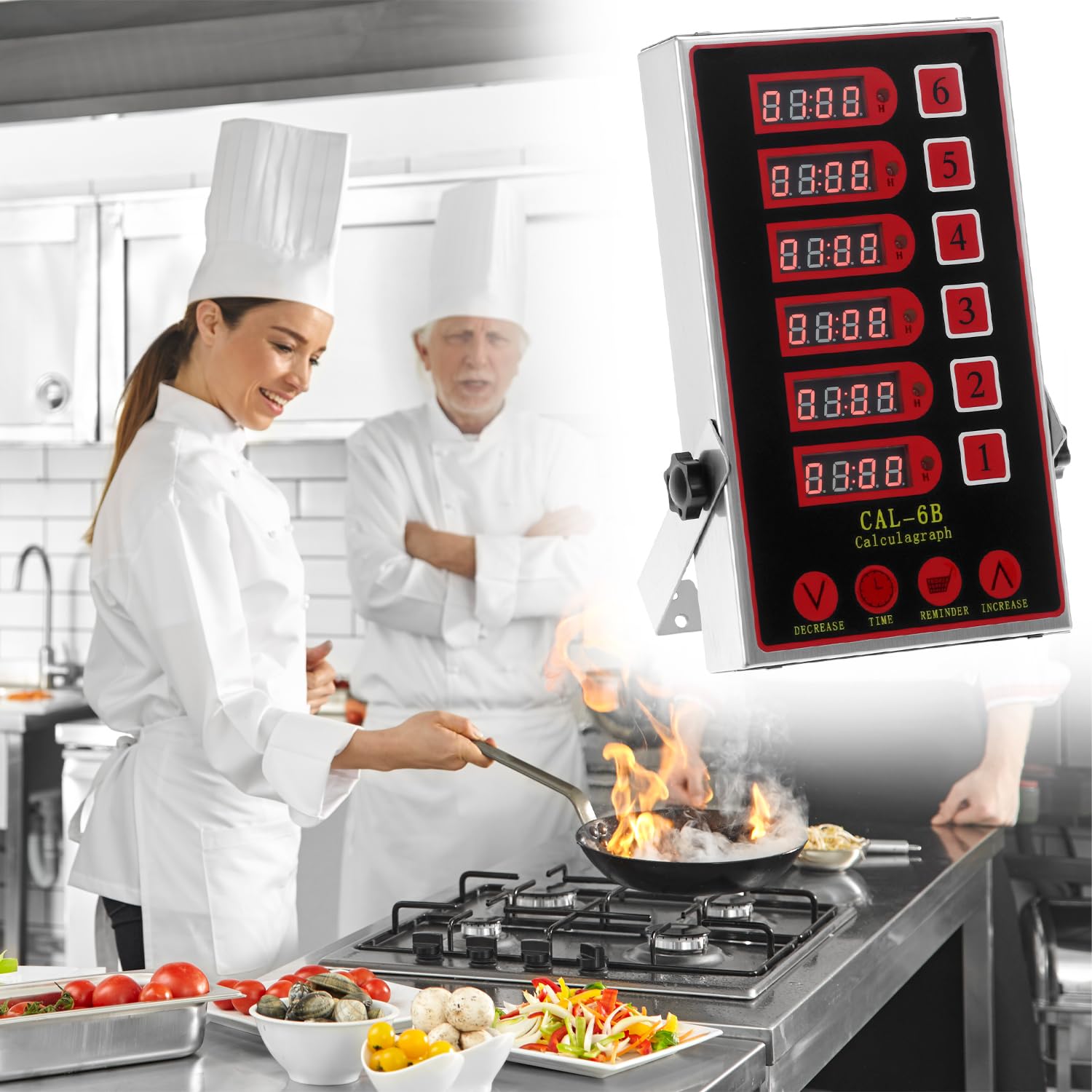 QWORK Temporizador de cocina, temporizador culinario comercial de acero inoxidable de 6 canales con alarma ultra fuerte
