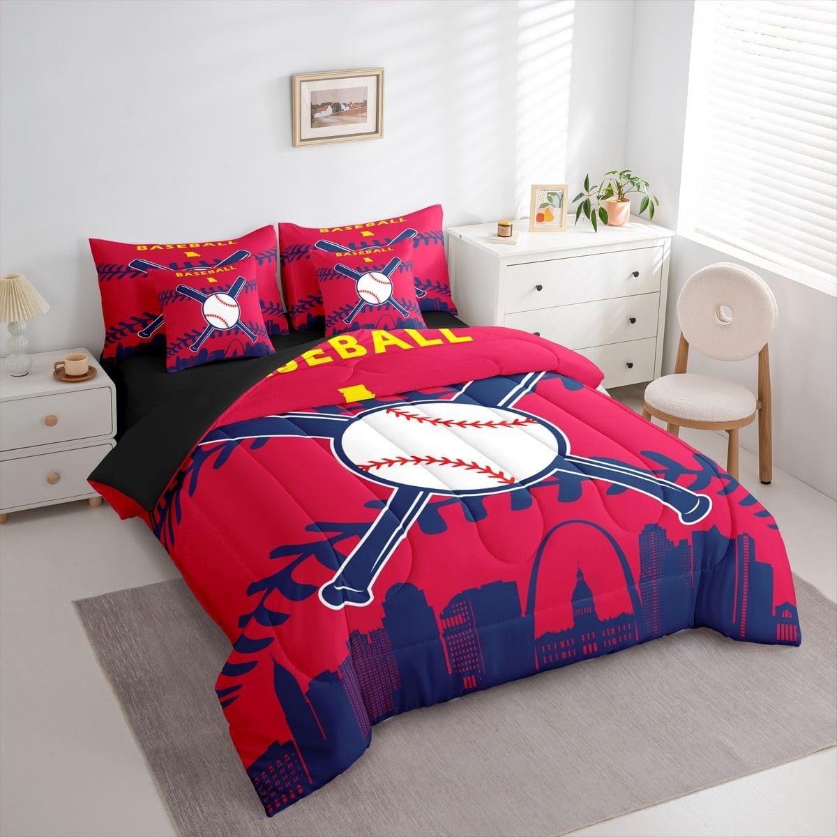 Erosebridal 7 Pcs Comforter Set Queen Size,Baseball Bed in a Bag with Flat Sheet and Fitted Sheet for Kids and Adults,Baseball Bedding Set with Pillowcases and Cushion Cases