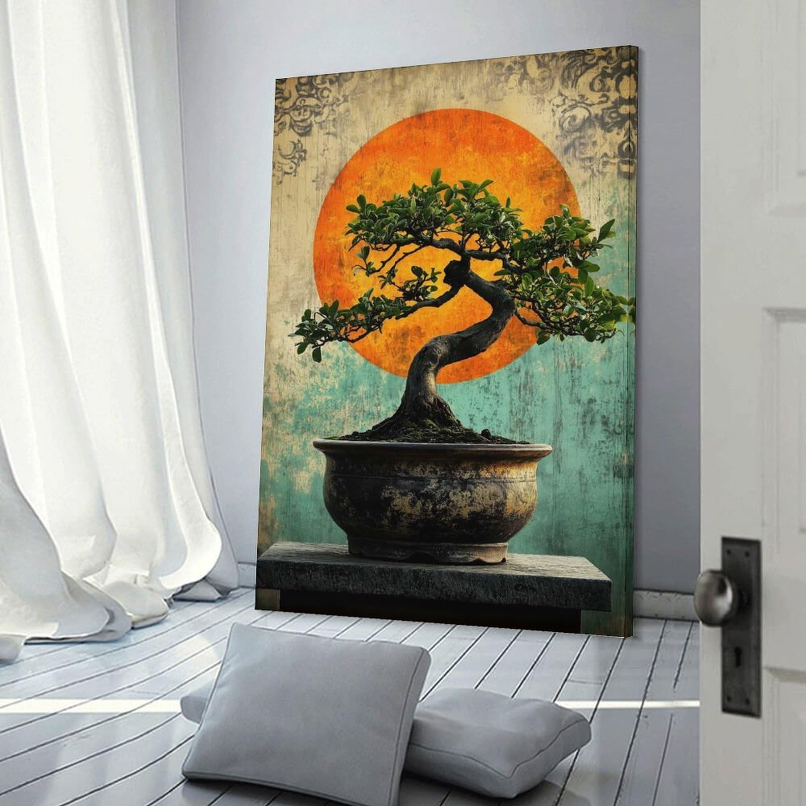 Junmoney Bonsai Tree with Sunset Room Decor Wall Art, 20x30inch(50x75cm), for Office, Study Or Home Workspace, Decorative Artwork for Productive Spaces