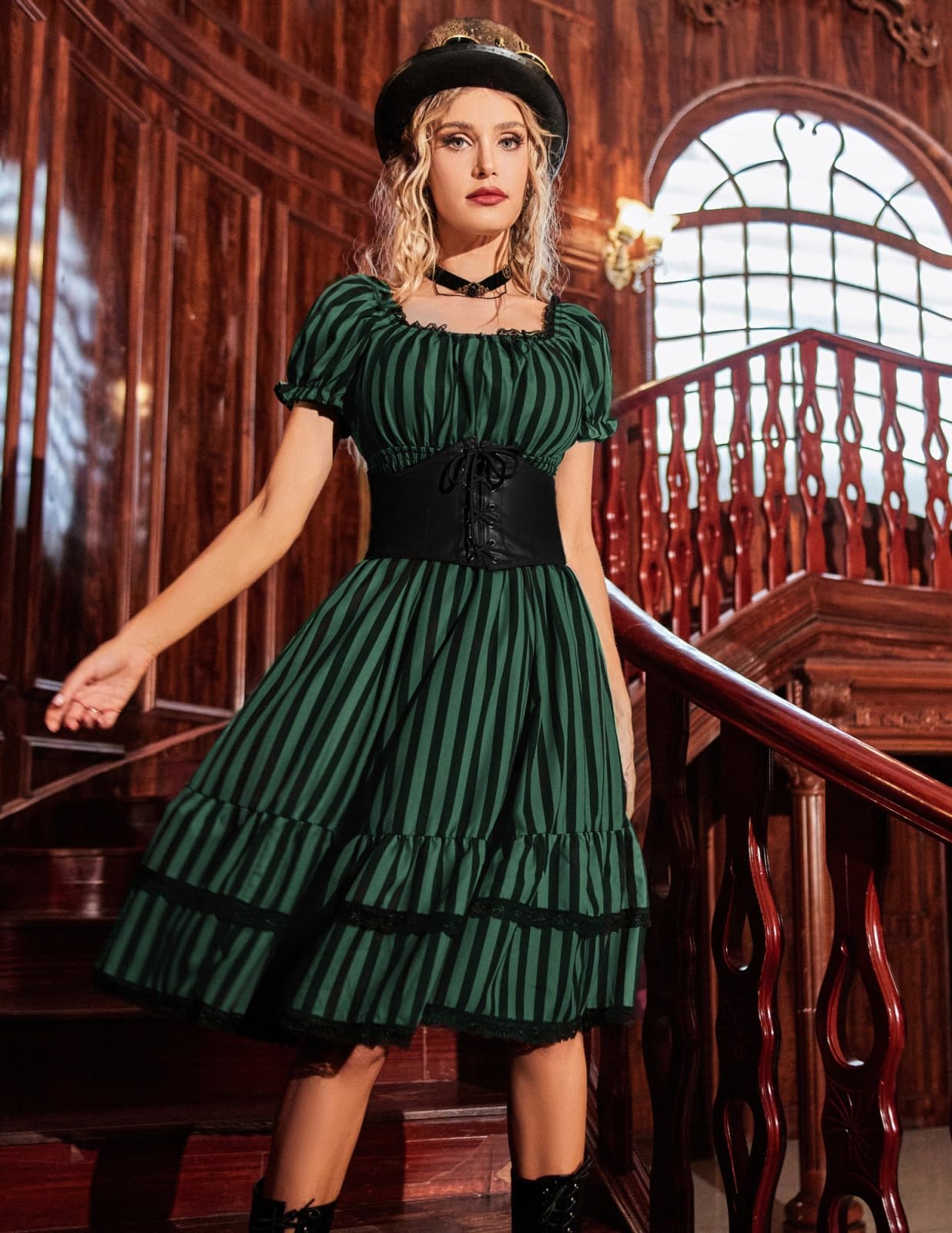 SCARLET DARKNESS Gothic Pirate Corset Dress for Women Summer Vintage Square Neck Renaissance Dresses: Medium Green Black Stripe