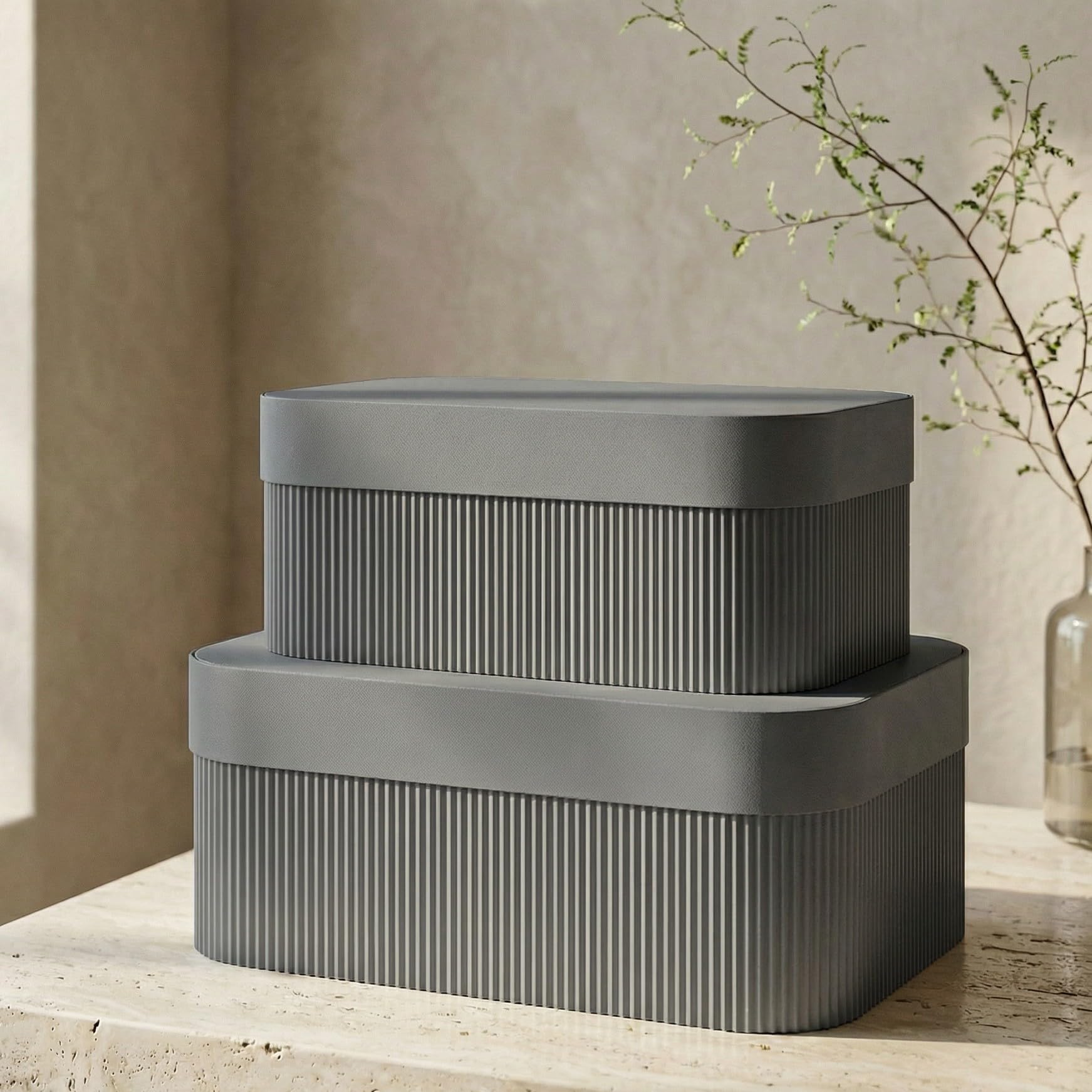 Decorative Storage Boxes with Lids – Set of 2 Beautiful Fluted Cardboard Organizer Bins for Your Home Bookshelf Decor to Safely Store Your Documents, Memory Box Items and Other Keepsakes in Style