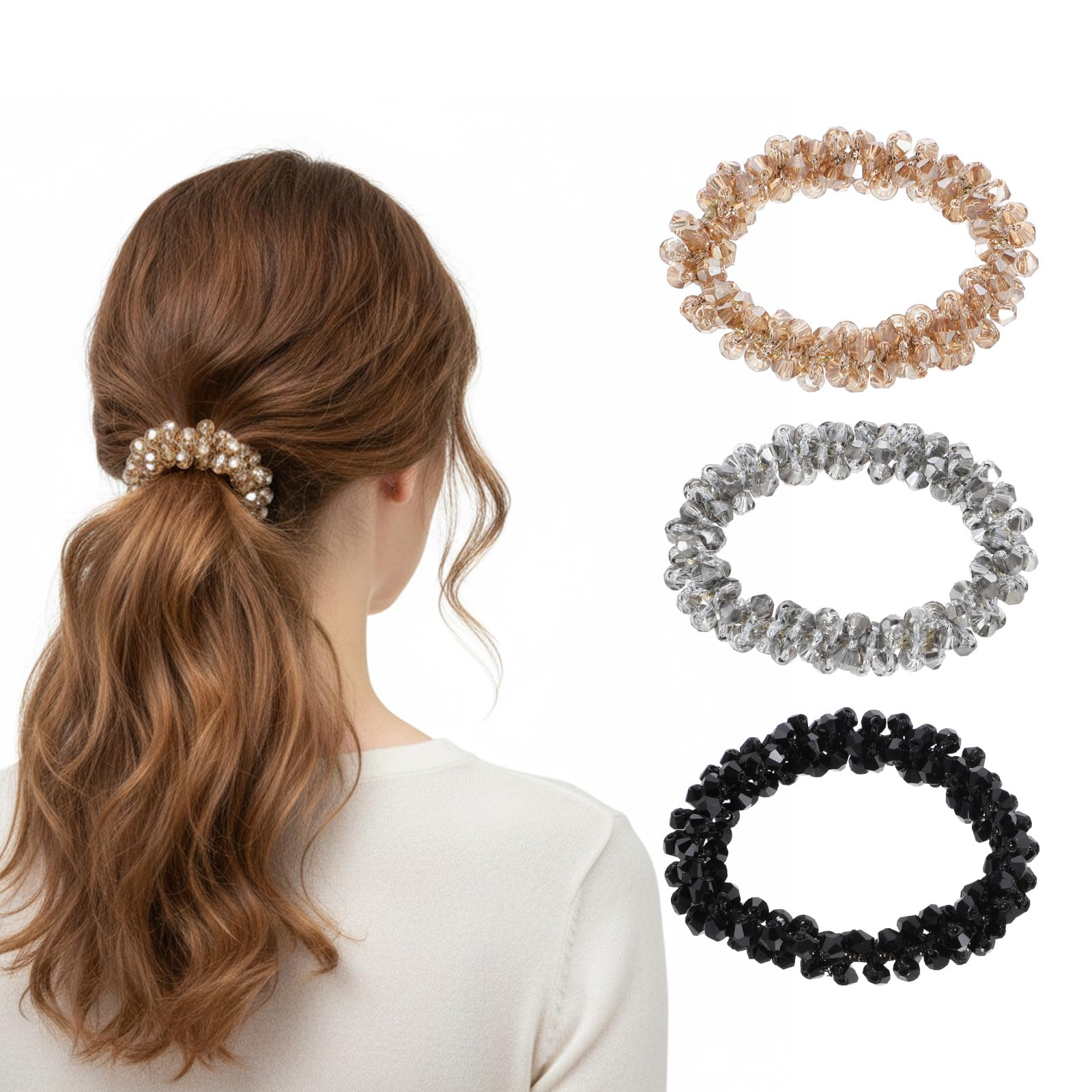 Muiltvoe 3 PCS Rhinestone Hair Ties, Elastic Ponytail Holders, Glitter Crystal Hair Scrunchies Ties, Headband Beaded Hair Accessories for Girls Women